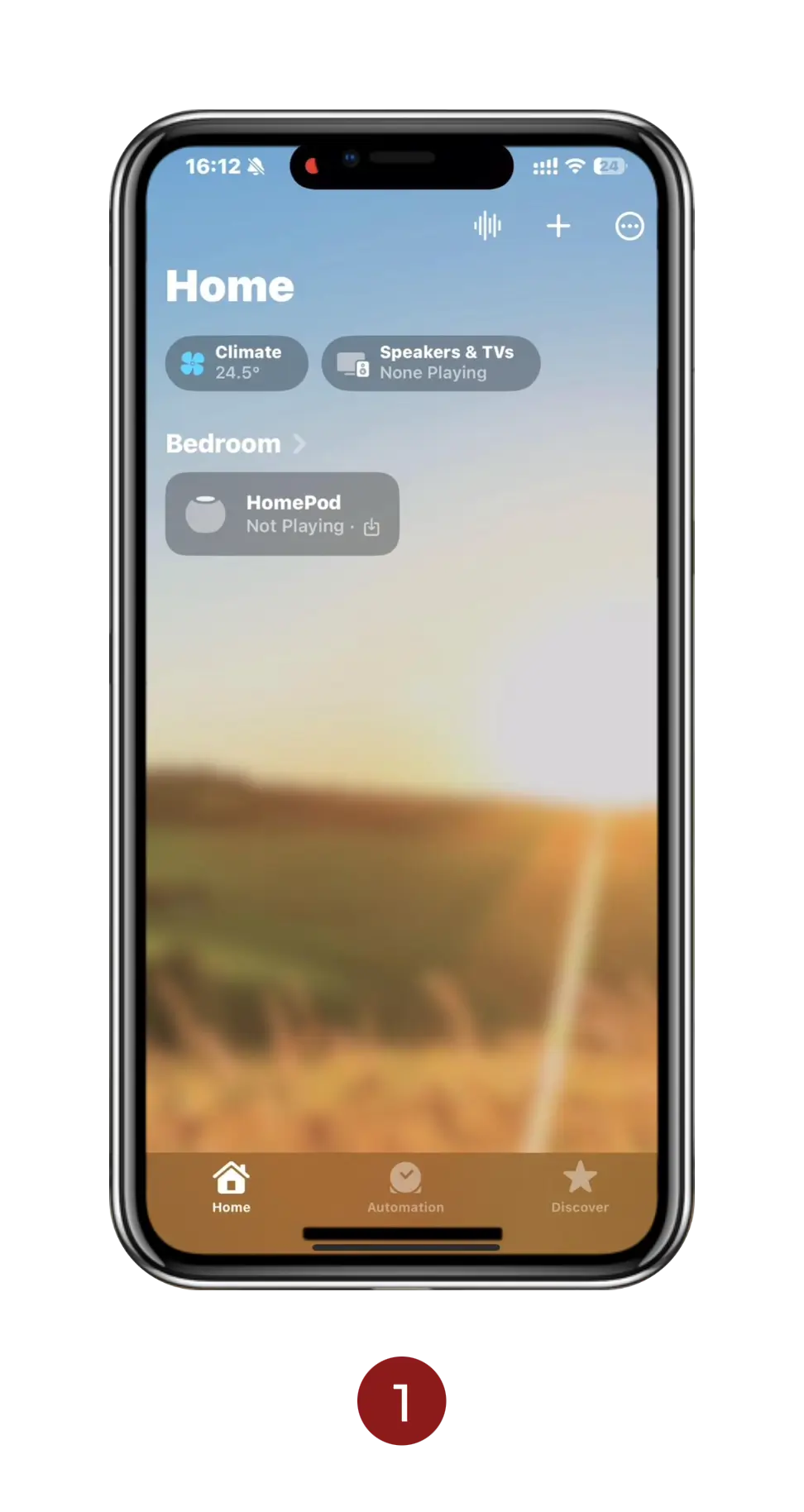 Translation missing: en.Smart home app on a smartphone screen with a scenic background