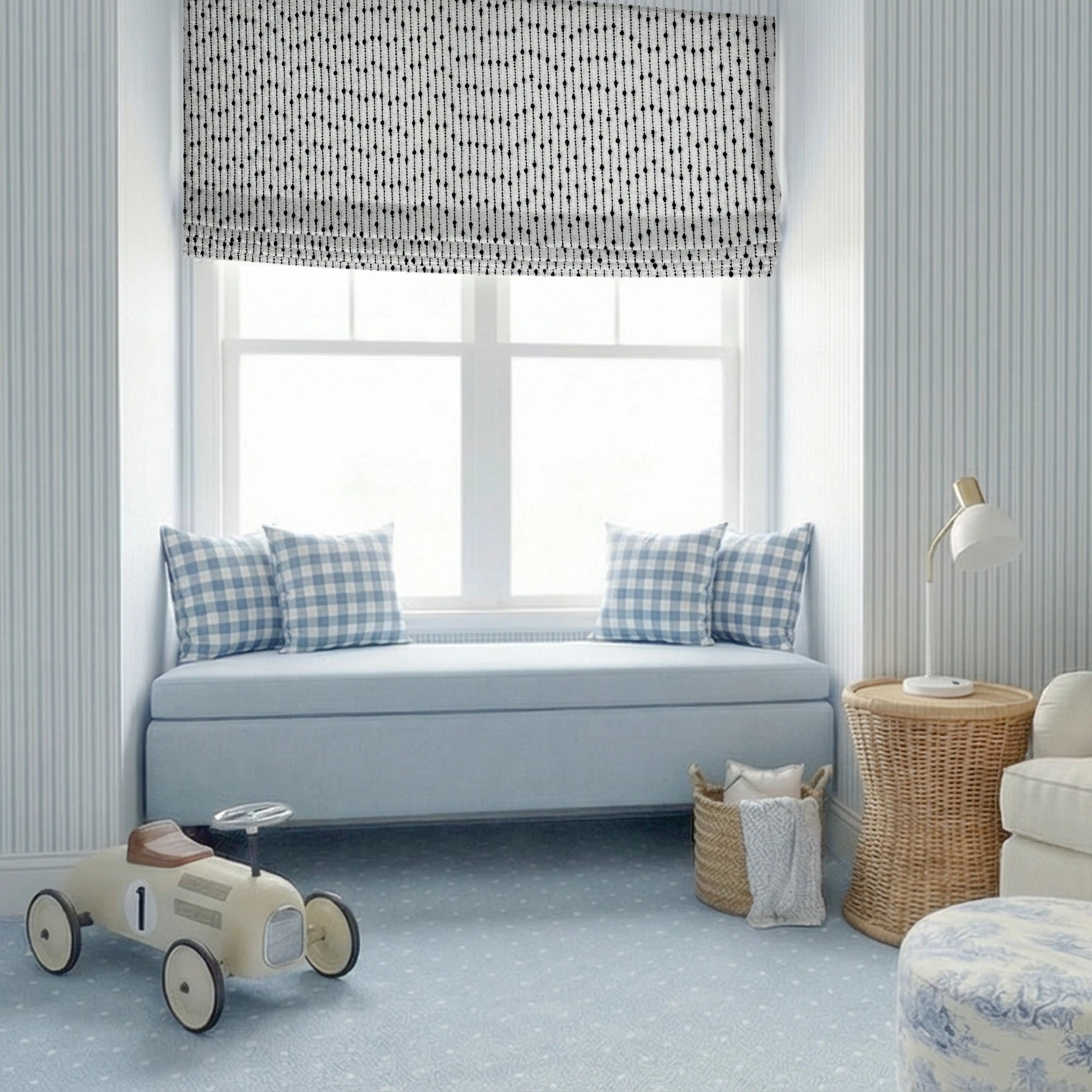 Orielle Black Geometric Dot & Line Jacquard Roman Shades: Image H018_scene_2 showcases the roman shade with minimalist black geometric dot & line jacquard design, high-quality fabric and stylish home scene display.