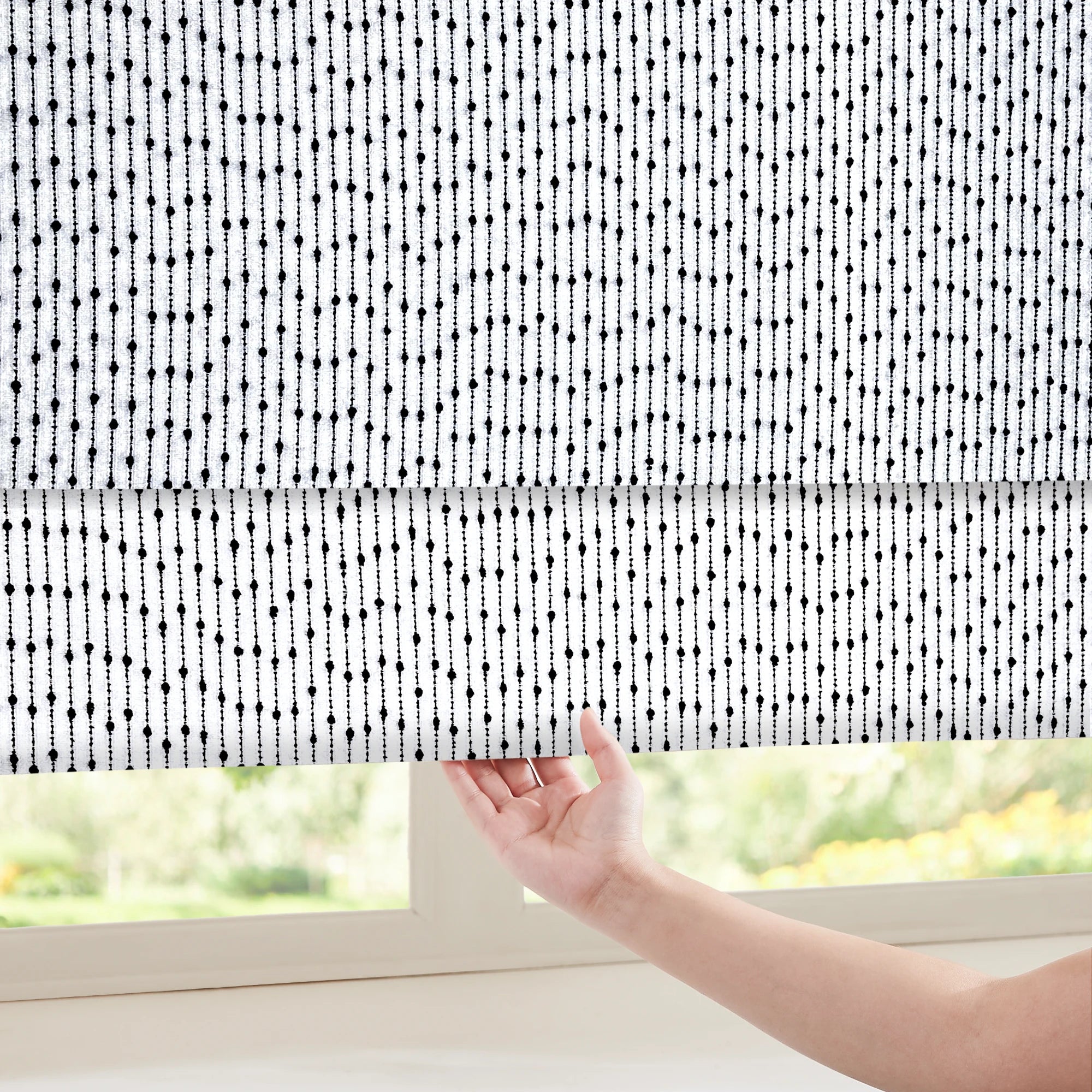 Orielle Black Geometric Dot & Line Jacquard Roman Shades: Image H018_scene_3 showcases the roman shade with minimalist black geometric dot & line jacquard design, high-quality fabric and stylish home scene display.