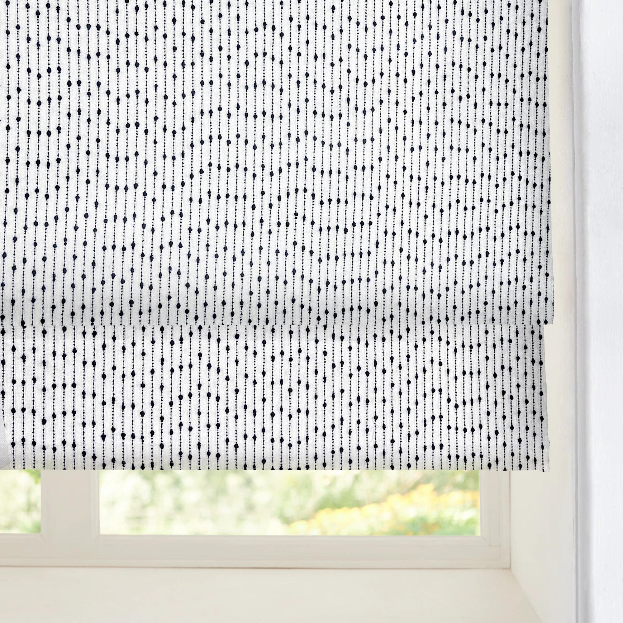 Orielle Black Geometric Dot & Line Jacquard Roman Shades: Image H018_scene_4 showcases the roman shade with minimalist black geometric dot & line jacquard design, high-quality fabric and stylish home scene display.