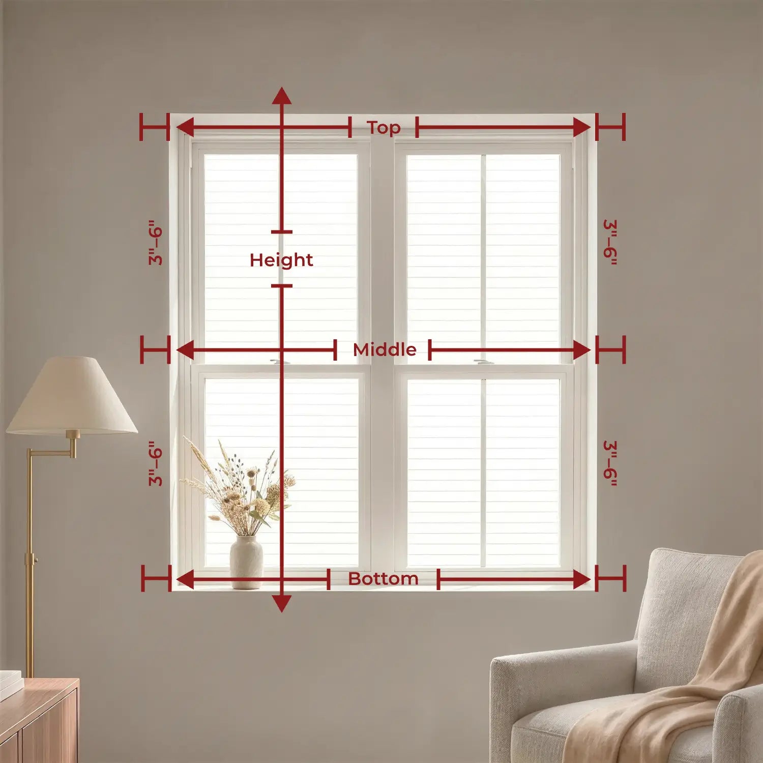 Translation missing: en.Measurement chart for a window in a living room setting with furniture and decor