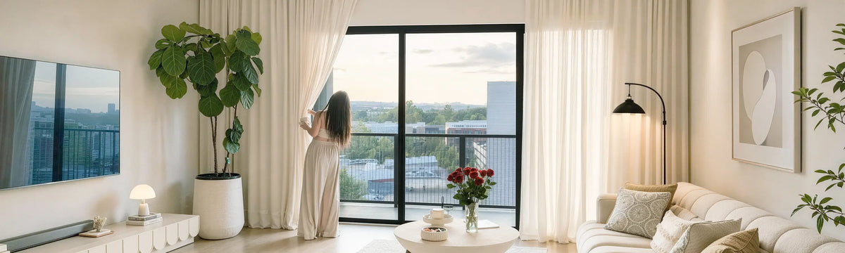 A woman in a long cream dress stands by a large floor-to-ceiling window in a bright, modern living room, pulling back sheer white curtains. The room features a cream sofa, a potted fiddle-leaf fig plant, a black floor lamp, and a minimalist coffee table with flowers.