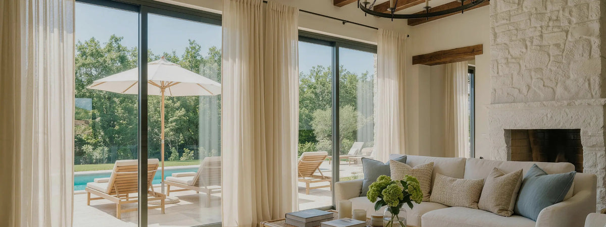 A bright, modern living room with large floor-to-ceiling windows, cream curtains, a light beige sofa with blue and beige pillows, a stone fireplace, and an outdoor patio with a pool and umbrella visible outside.