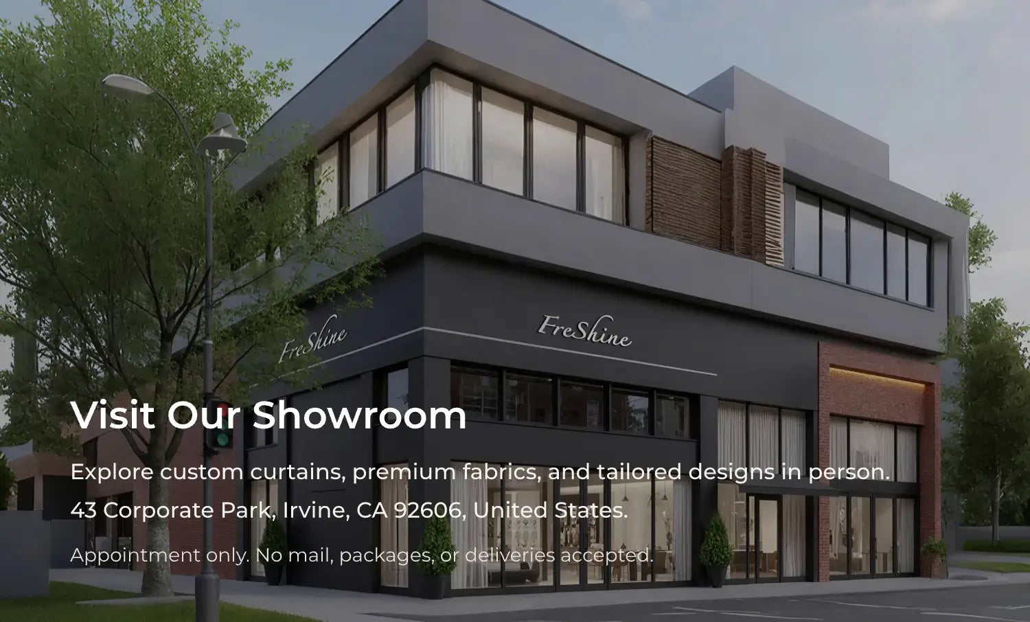 Modern two-story retail building exterior with large glass windows, dark gray facade, brick accents, and the word 'Freshline' visible on the storefront.