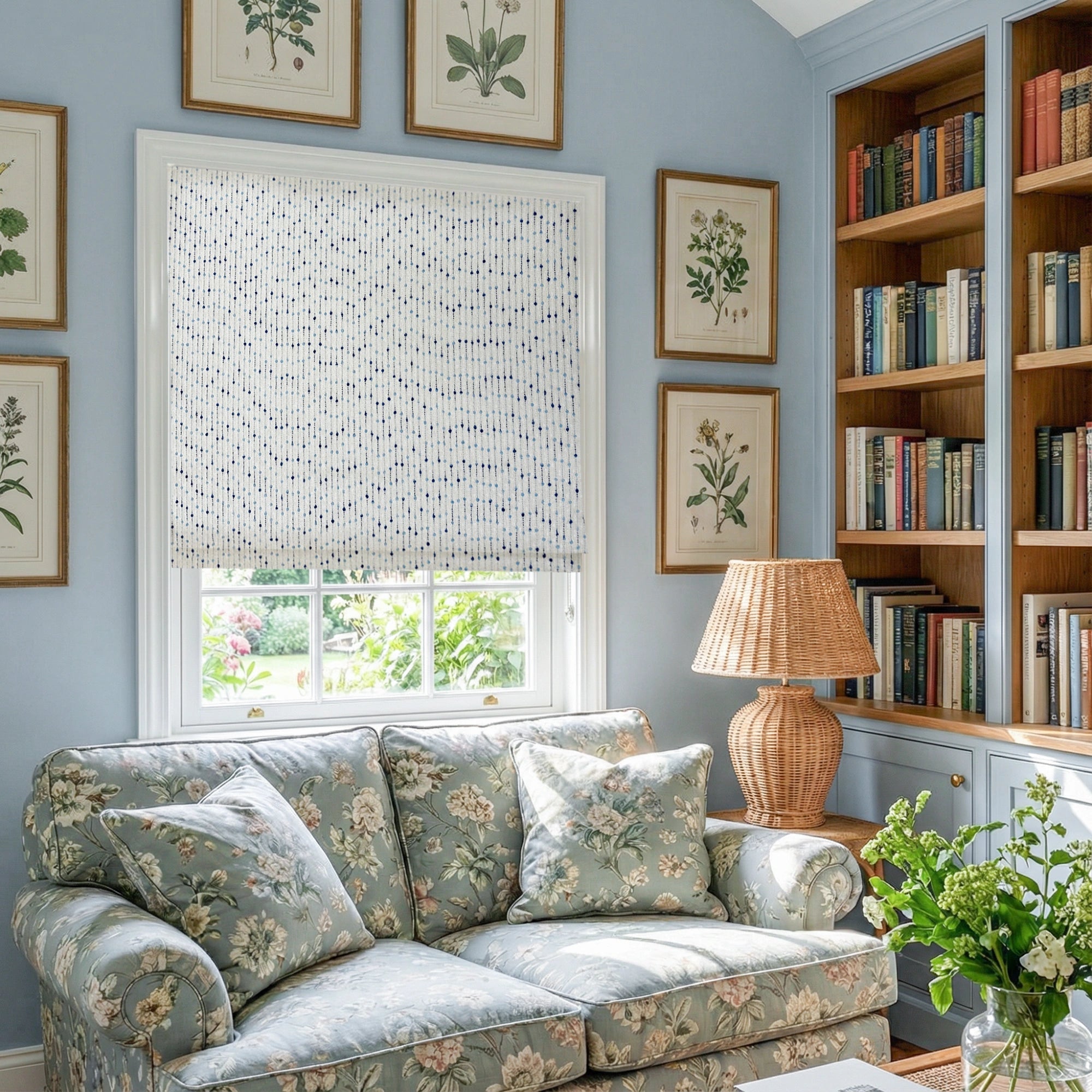 Phaedra Blue Geometric Dot & Line Jacquard Roman Shades: Image H019_scene_2 showcases the roman shade with minimalist blue geometric dot & line jacquard design, high-quality fabric and stylish home scene display.