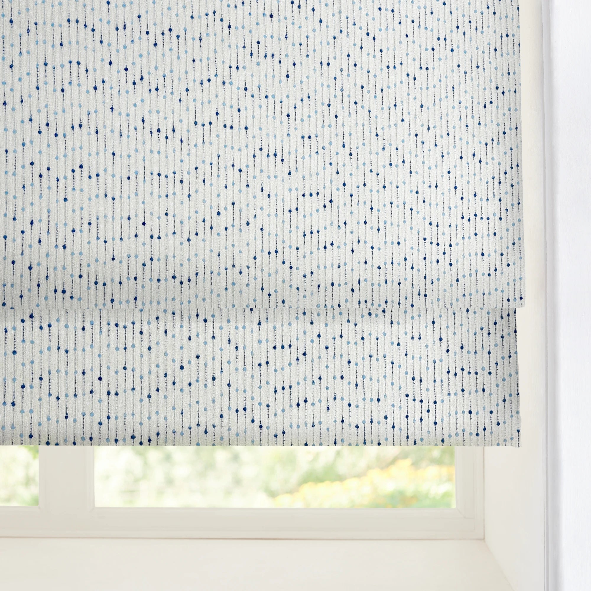 Phaedra Blue Geometric Dot & Line Jacquard Roman Shades: Image H019_scene_4 showcases the roman shade with minimalist blue geometric dot & line jacquard design, high-quality fabric and stylish home scene display.