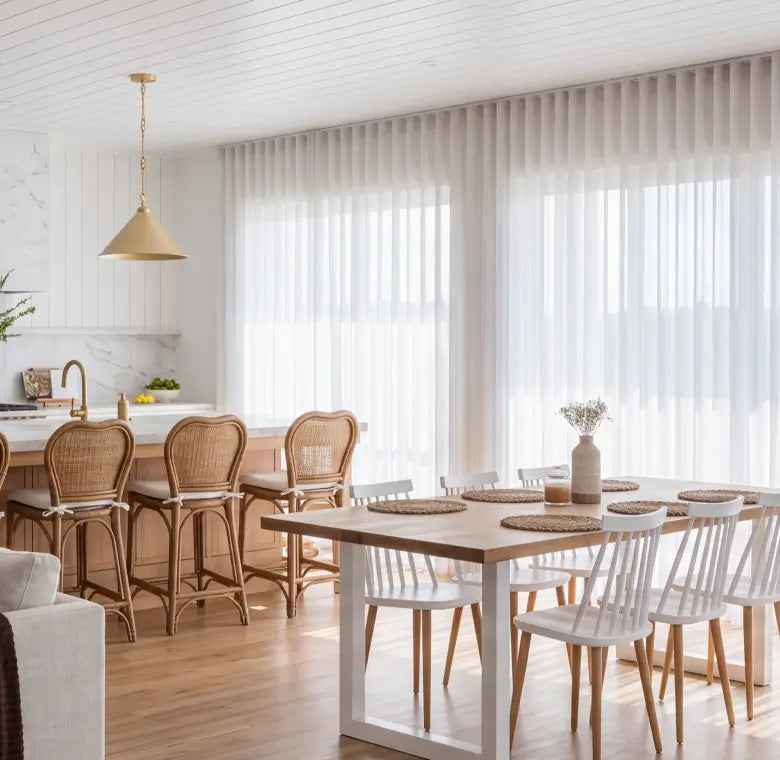 See through sheer curtains softly filtering light, creating a bright and airy ambiance.