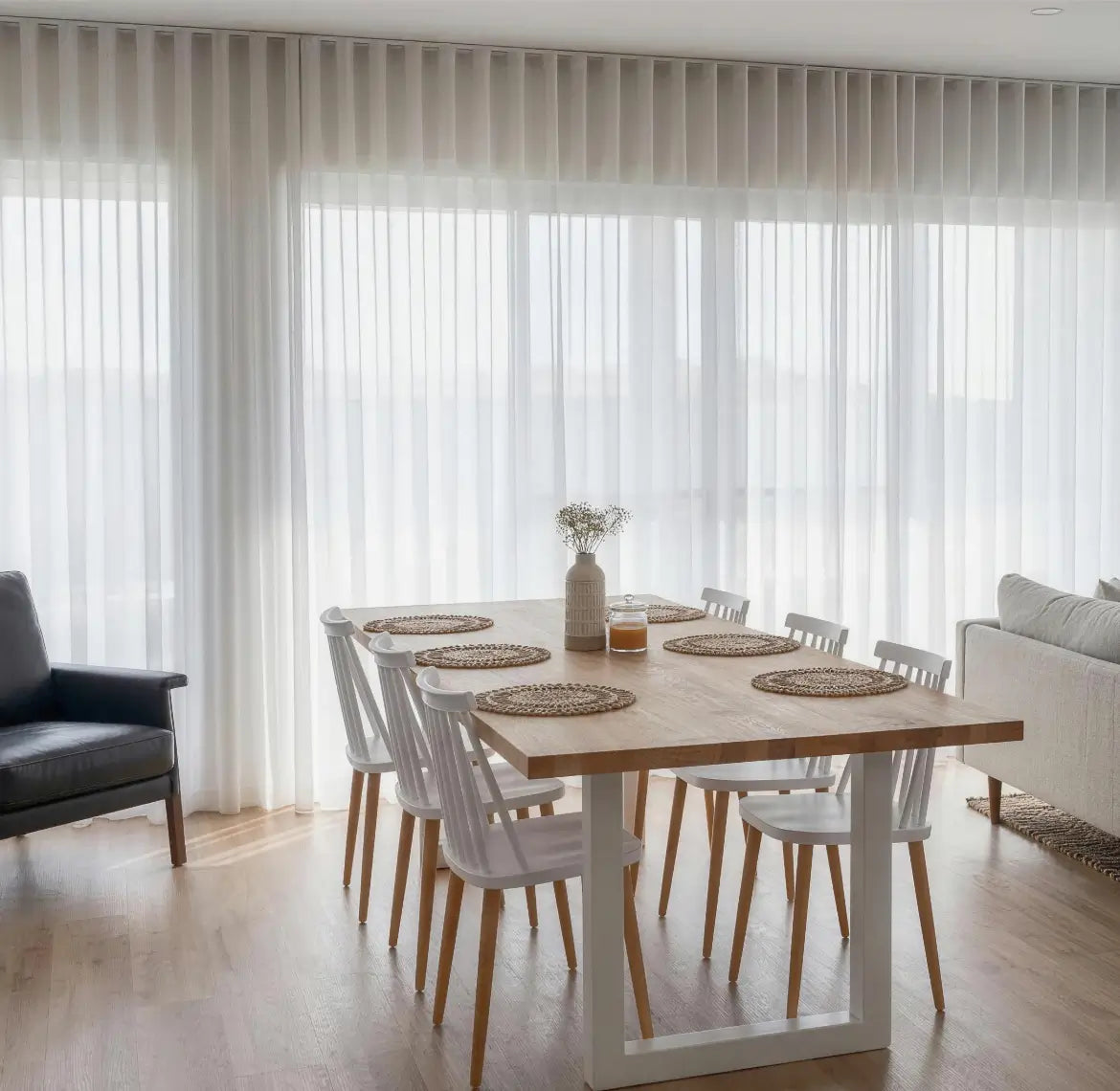 Sheer curtains filtering natural light — from airy see-through to softly diffused semi-sheer styles