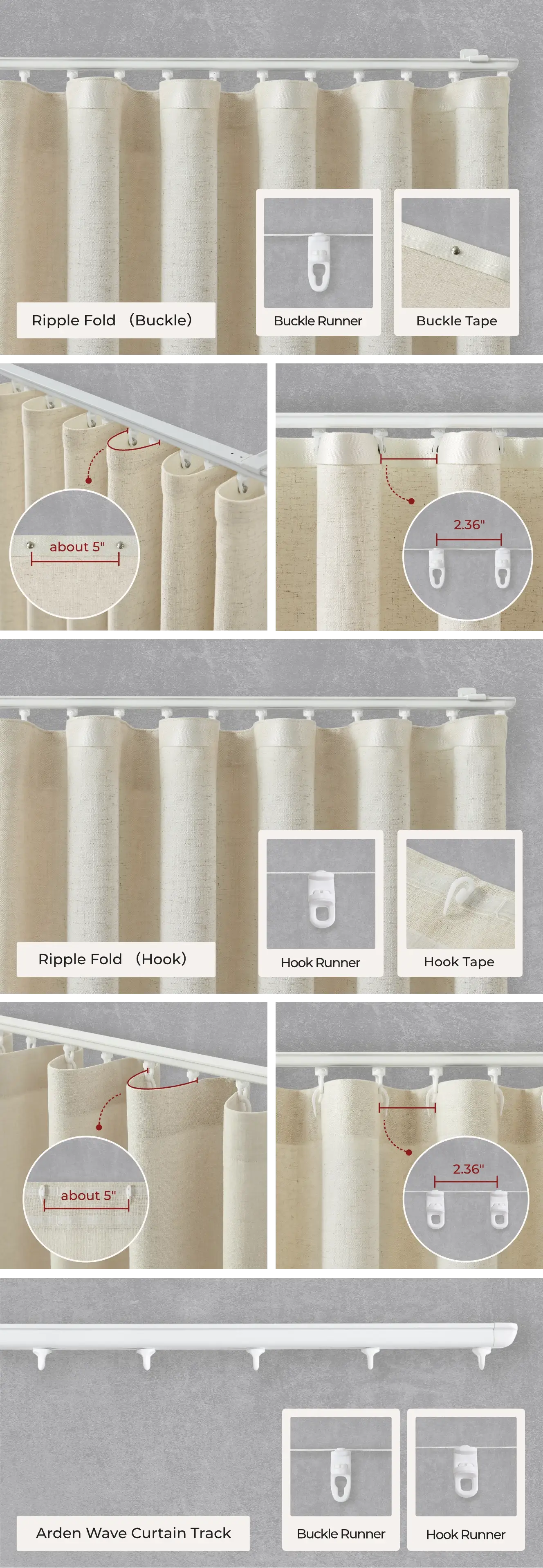 Curtain track system with various components and installation instructions.