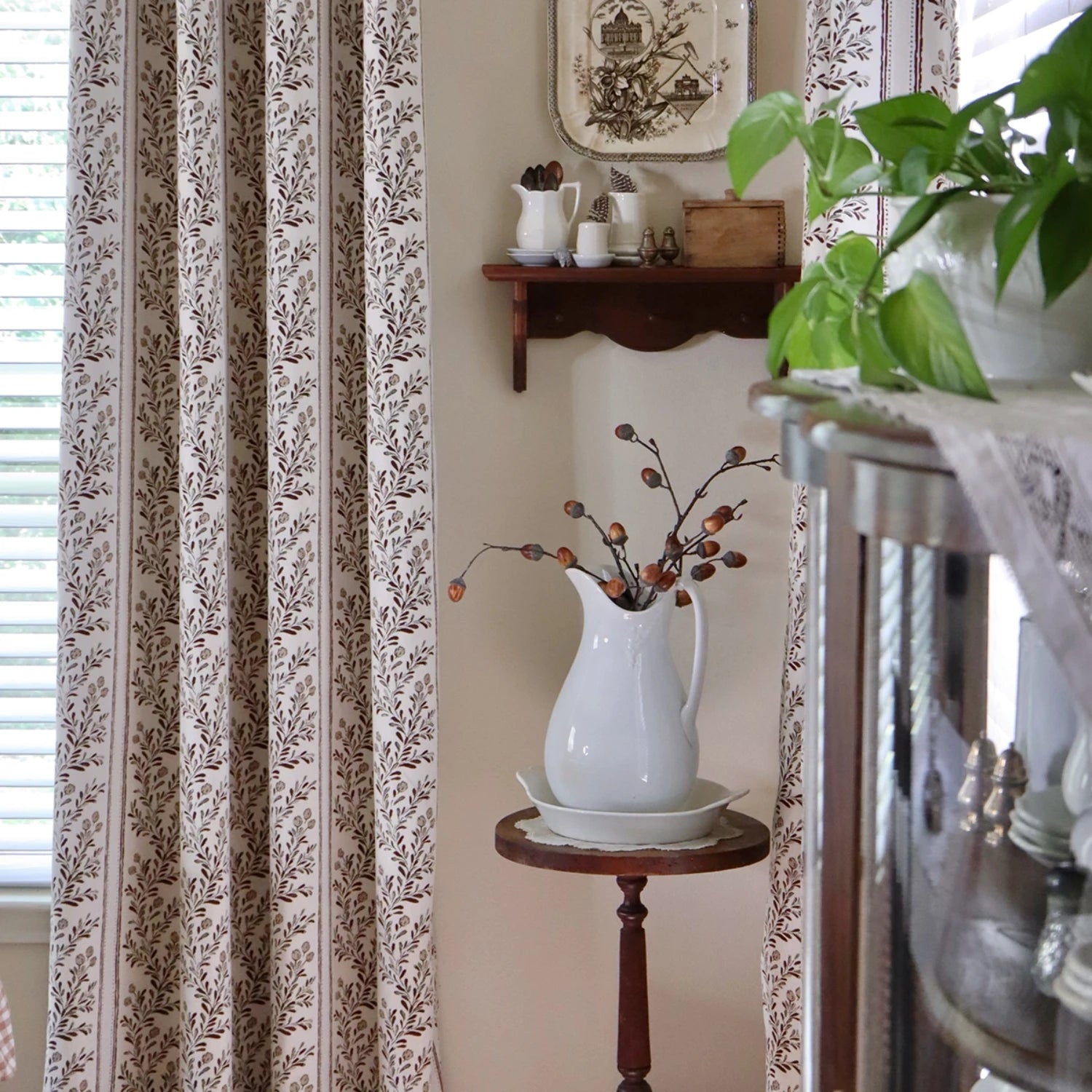 Sariel Beige & Brown Vintage Botanical Stripe Jacquard Chenille Drapes