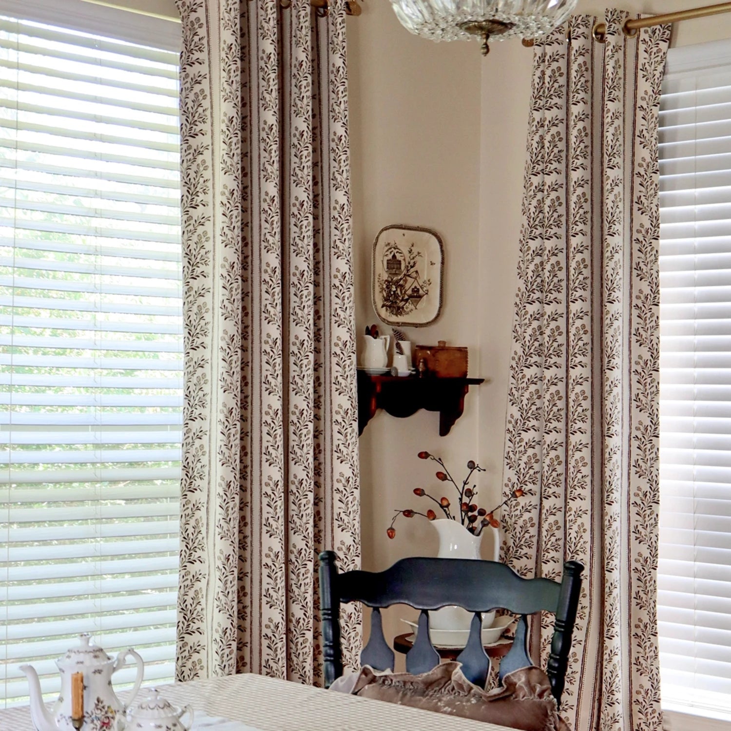 Sariel Beige & Brown Vintage Botanical Stripe Jacquard Chenille Drapes