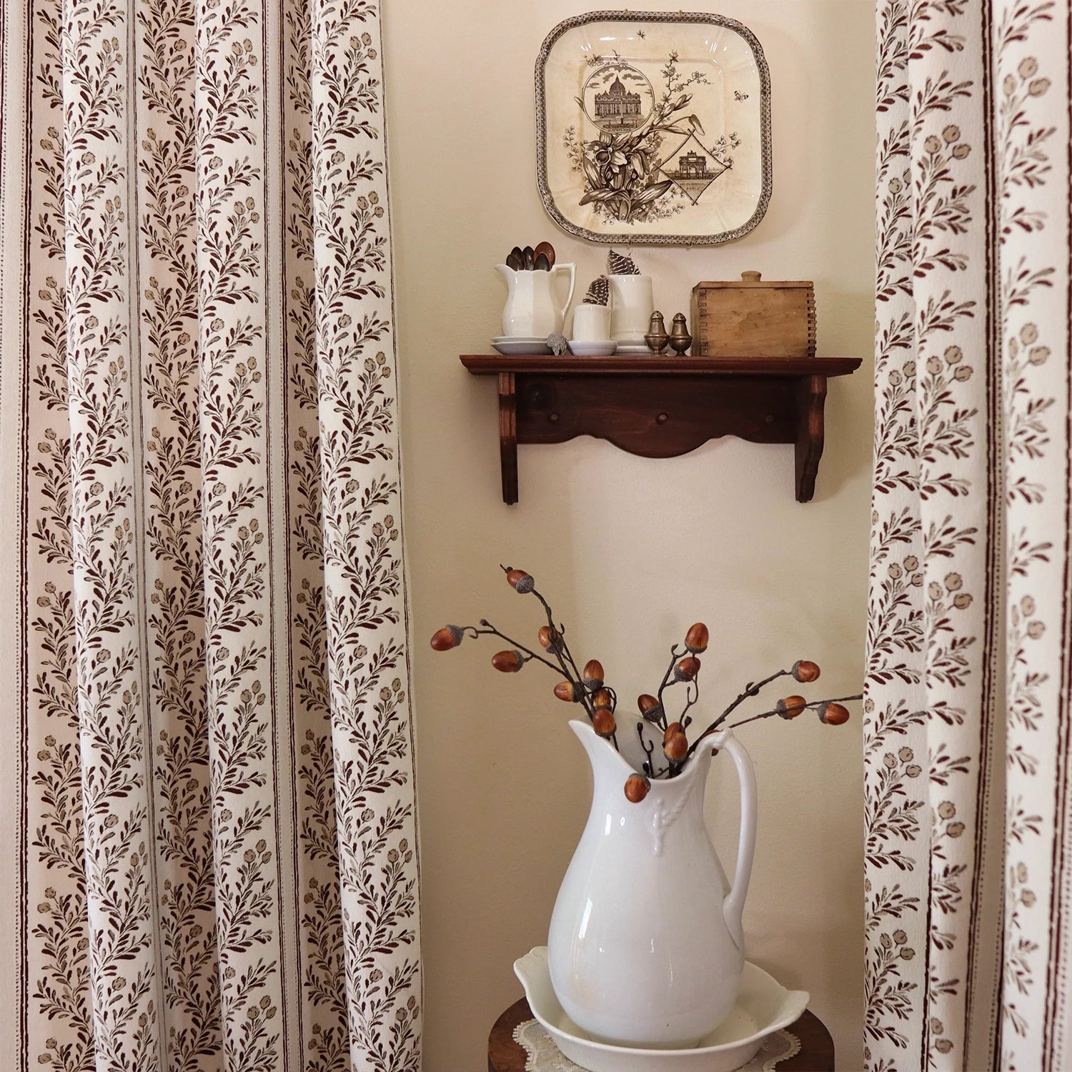 Sariel Beige & Brown Vintage Botanical Stripe Jacquard Chenille Drapes