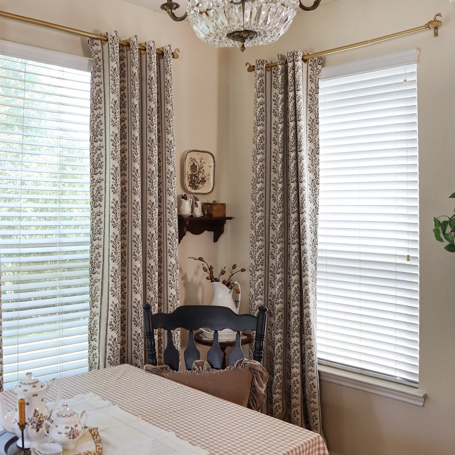 Sariel Beige & Brown Vintage Botanical Stripe Jacquard Chenille Drapes