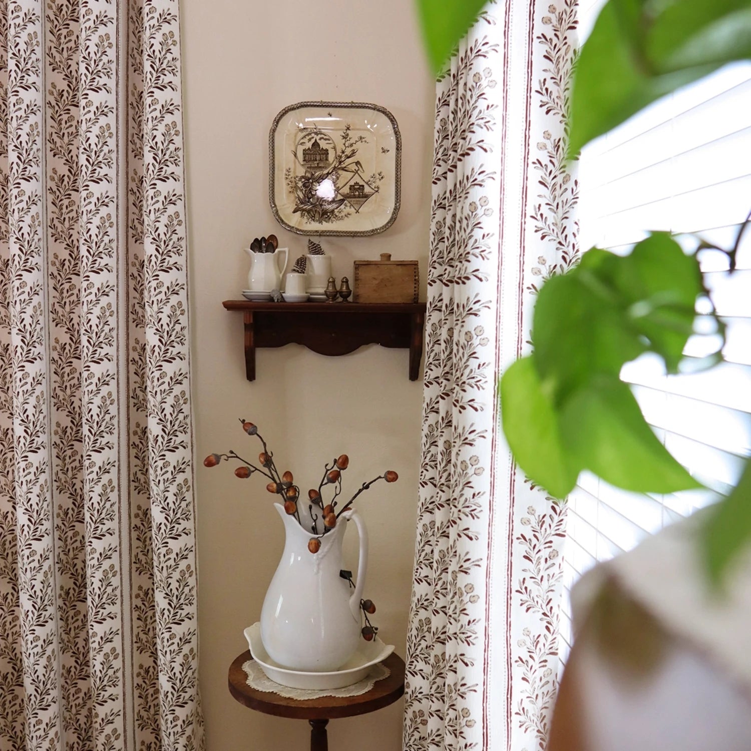 Sariel Beige & Brown Vintage Botanical Stripe Jacquard Chenille Drapes