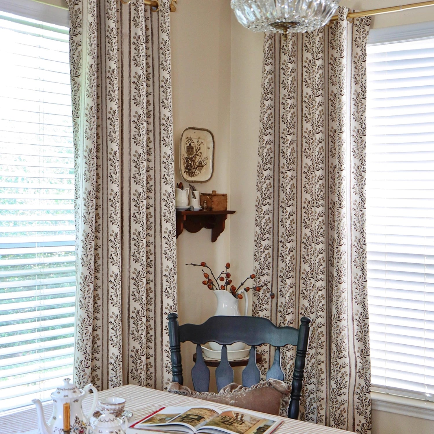 Sariel Beige & Brown Vintage Botanical Stripe Jacquard Chenille Drapes