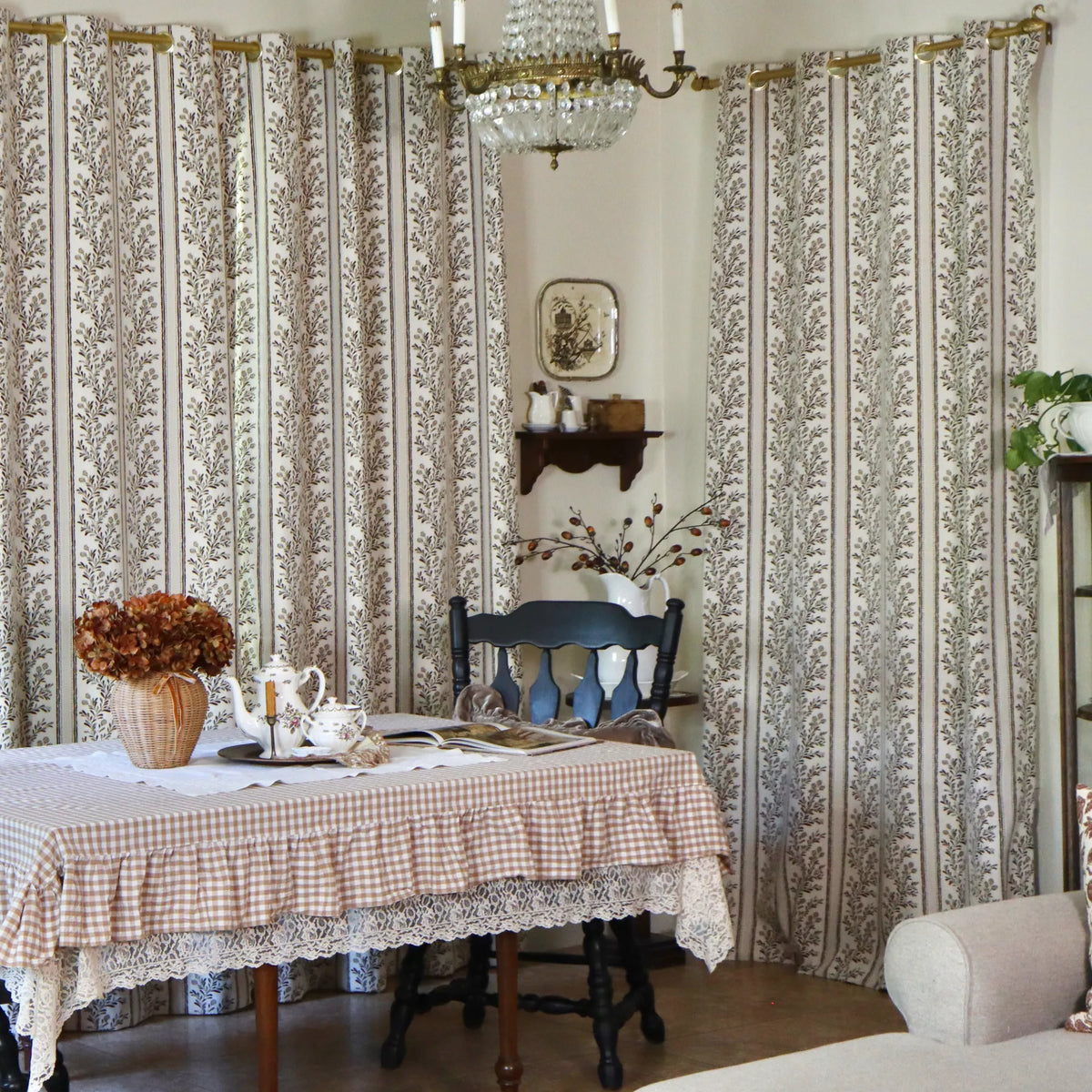 Sariel Beige & Brown Vintage Botanical Stripe Jacquard Chenille Drapes