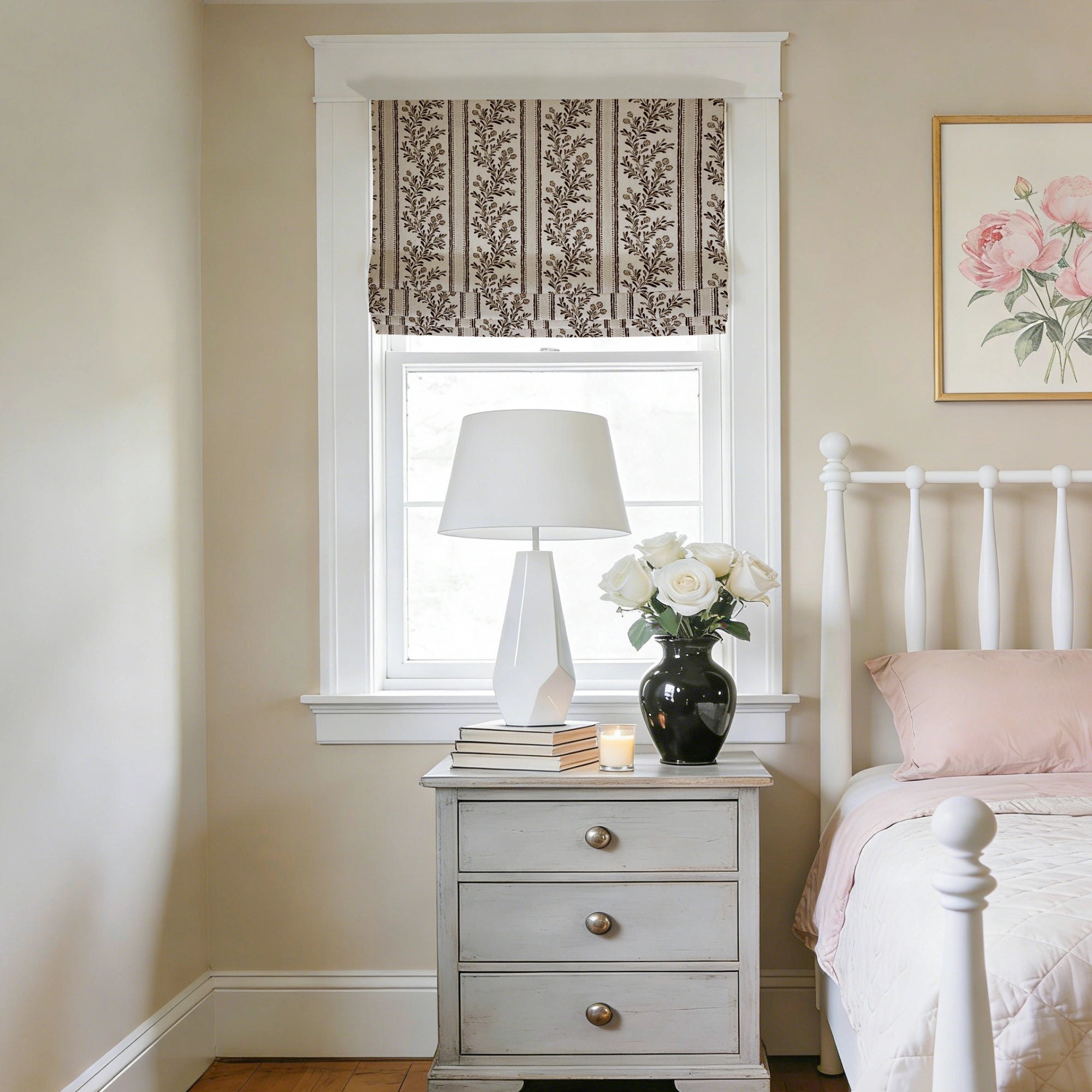 Sariel Beige & Brown Vintage Botanical Stripe Jacquard Chenille Roman Shades: Image scene_1 showcases the roman shade with classic beige & brown vintage botanical stripe jacquard design, soft chenille fabric and elegant home scene display.