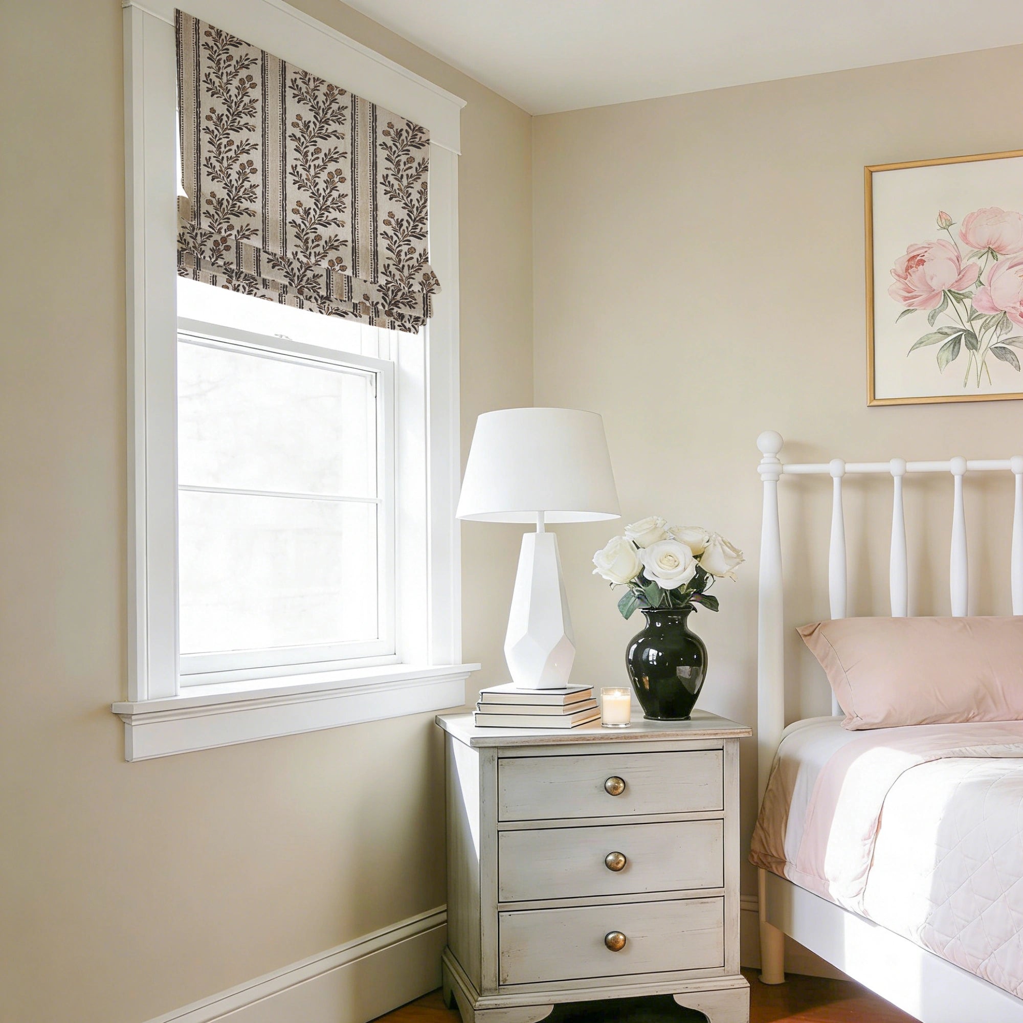 Sariel Beige & Brown Vintage Botanical Stripe Jacquard Chenille Roman Shades: Image scene_2 showcases the roman shade with classic beige & brown vintage botanical stripe jacquard design, soft chenille fabric and elegant home scene display.