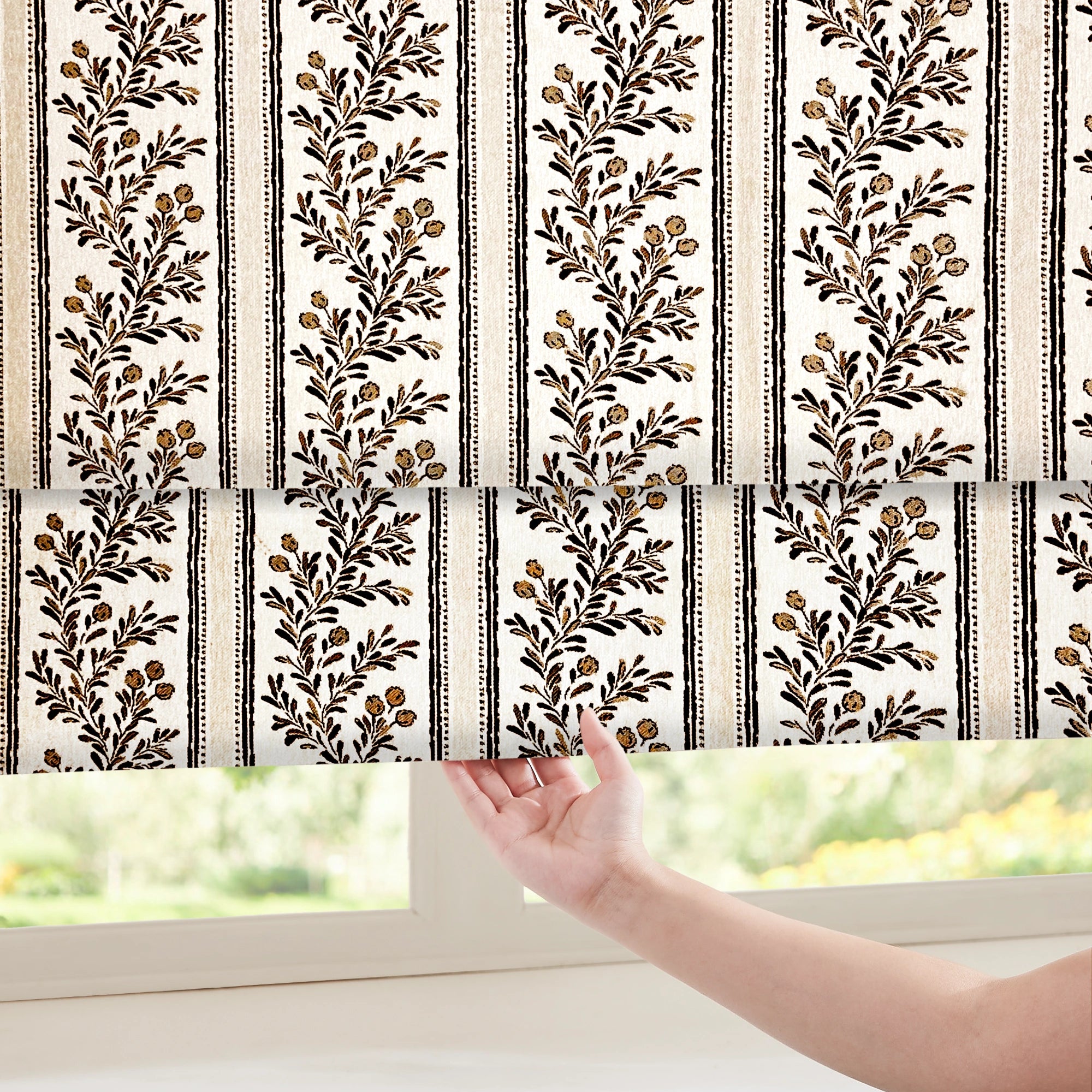 Sariel Beige & Brown Vintage Botanical Stripe Jacquard Chenille Roman Shades: Image scene_3 showcases the roman shade with classic beige & brown vintage botanical stripe jacquard design, soft chenille fabric and elegant home scene display.
