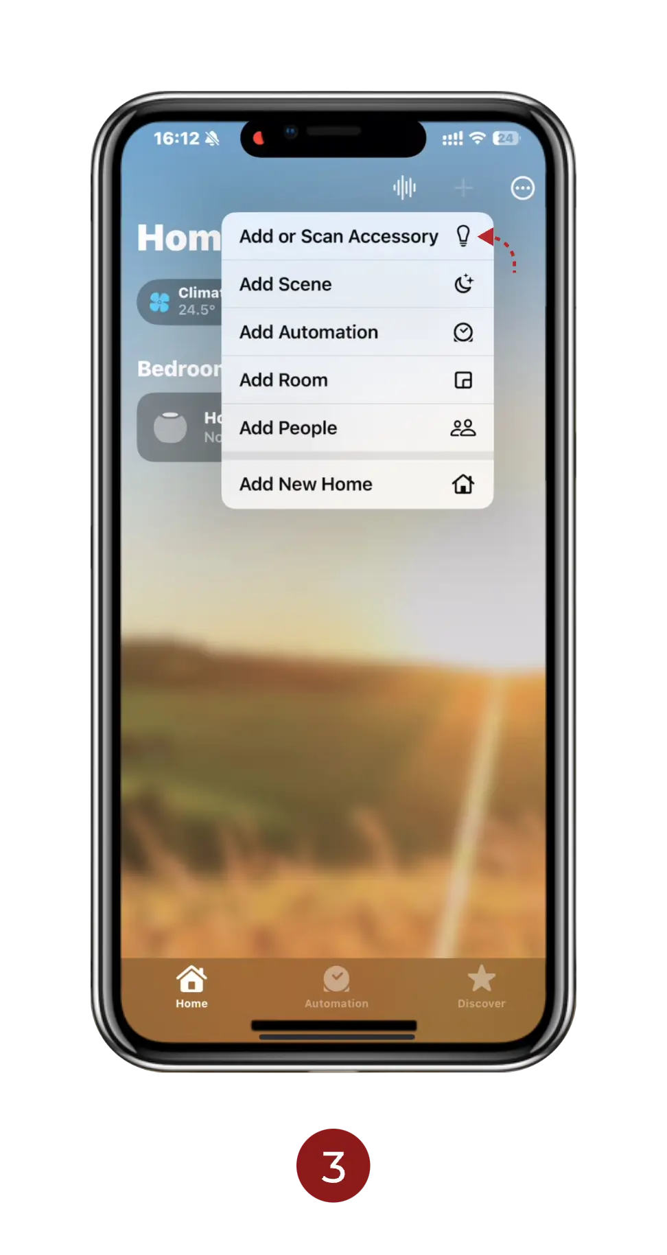 Translation missing: en.Smart home app interface on a smartphone with scenic background