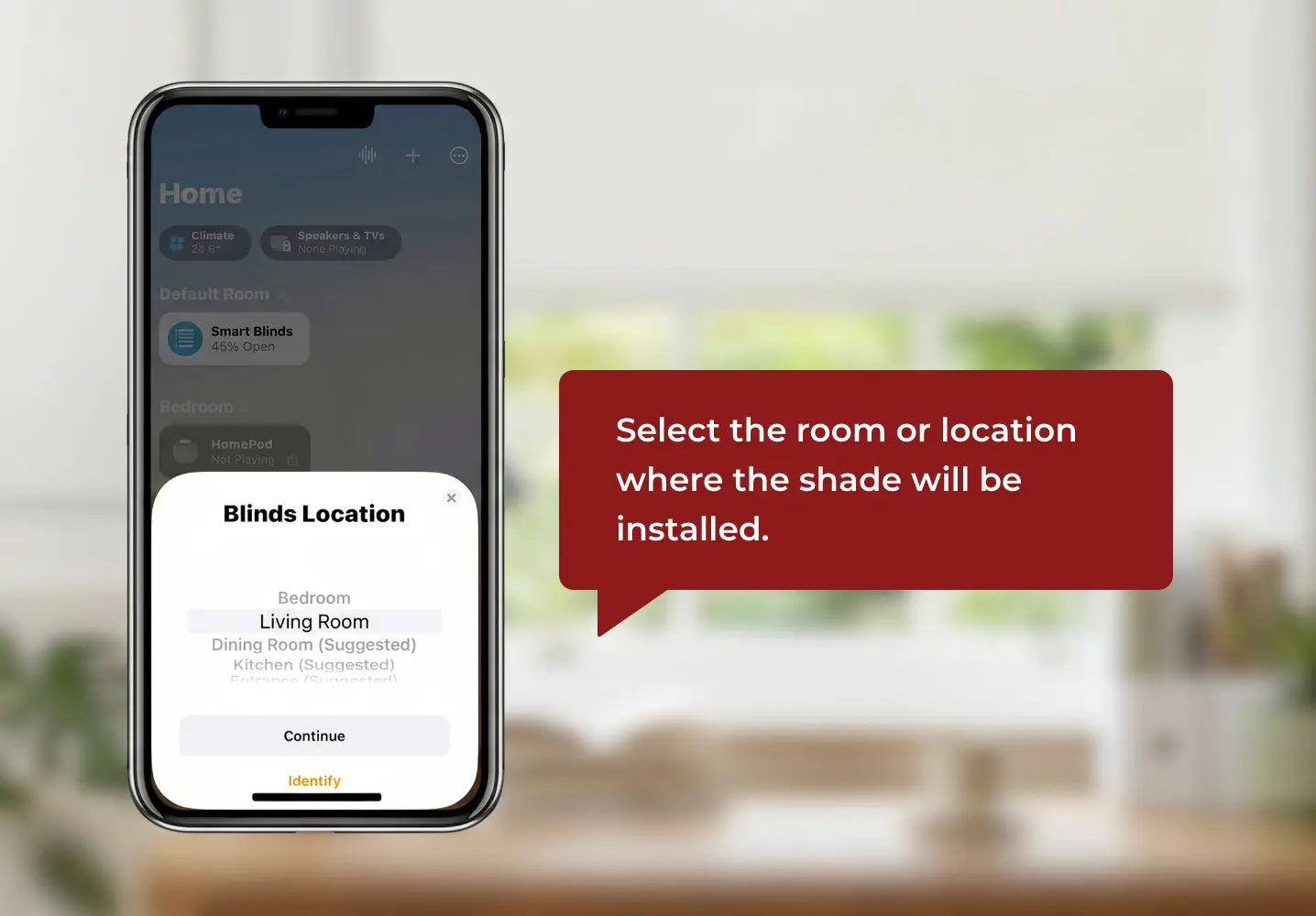 Smart home app on a smartphone with a blurred room background