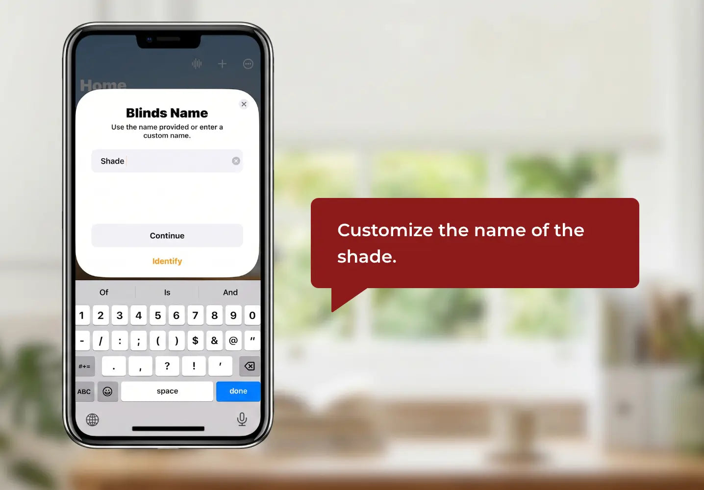 Smartphone displaying a home automation app with a blurred background of a room with a window.