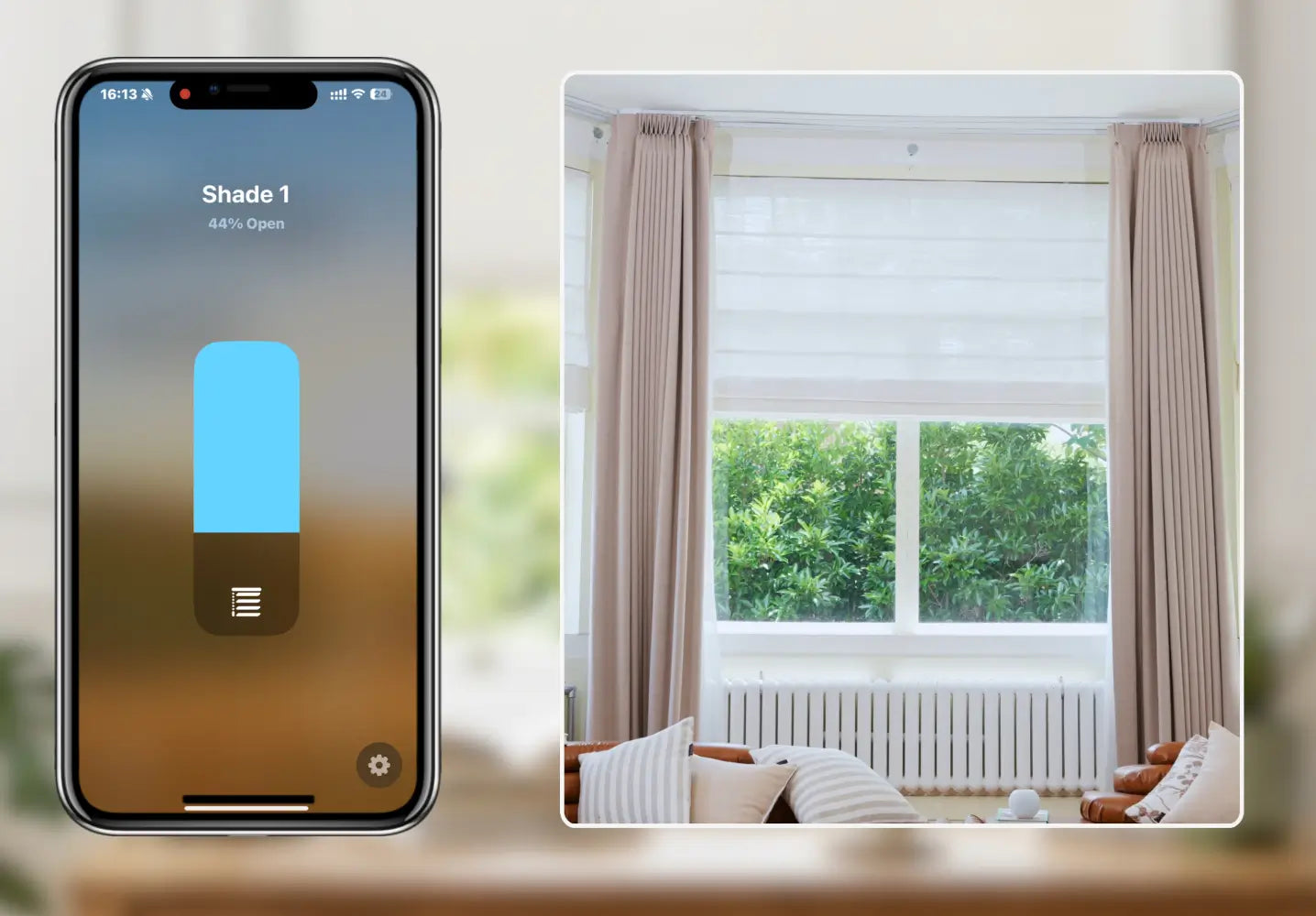 Smartphone displaying a window shade control app next to a window with open blinds.