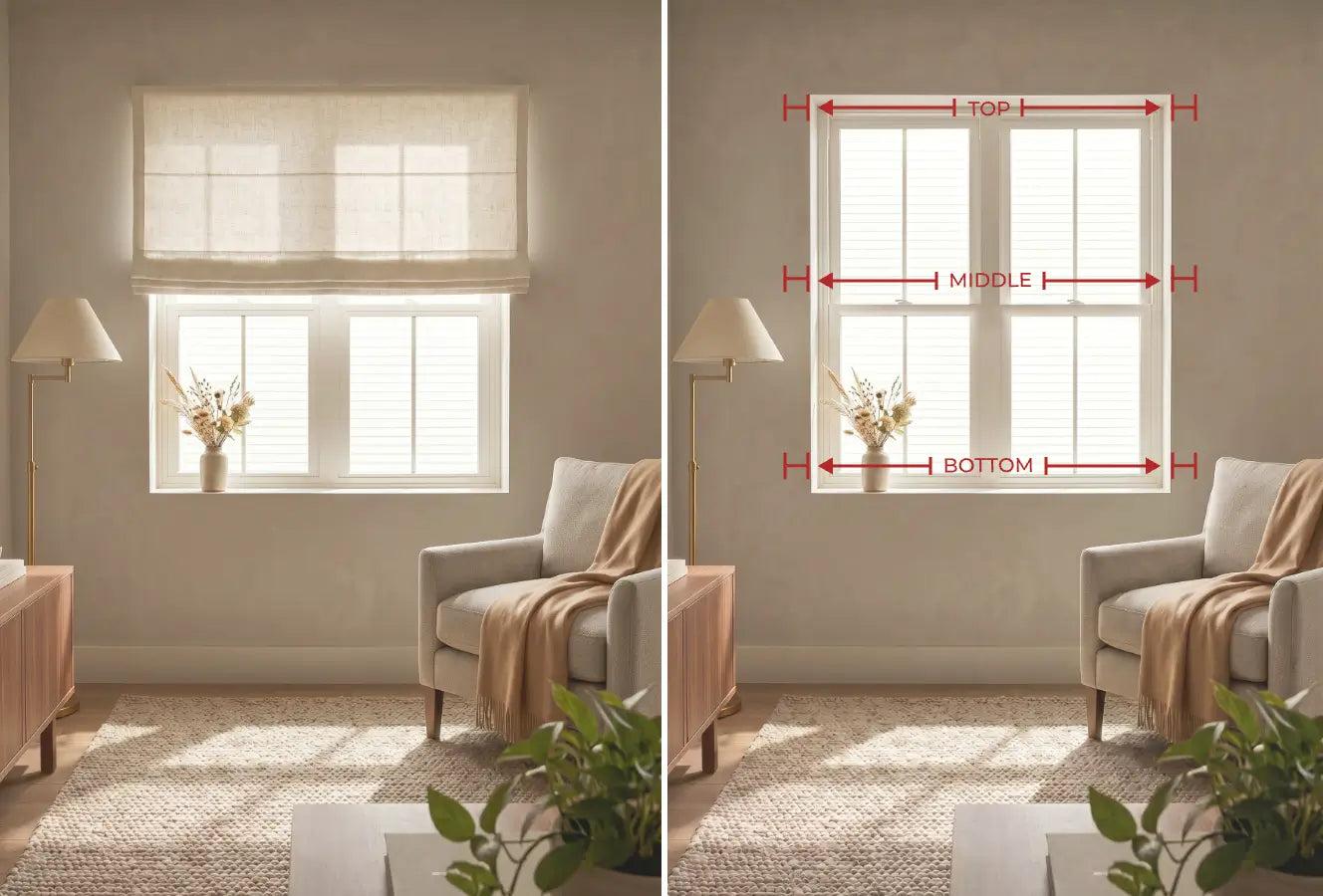 Living room with a window and a diagram showing window measurements.