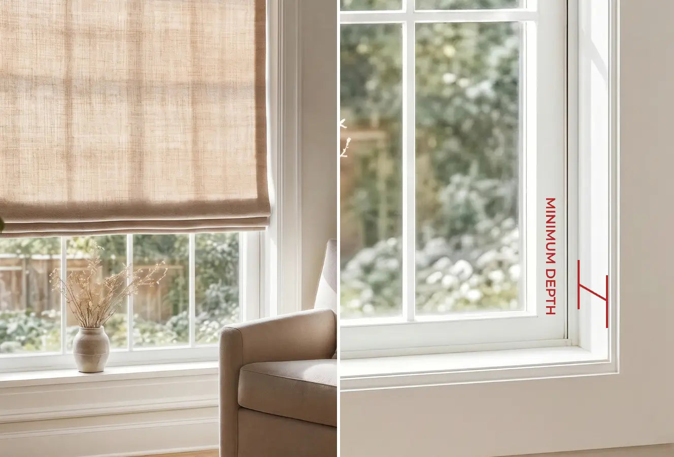 Window with beige curtain and sofa in a room with greenery outside