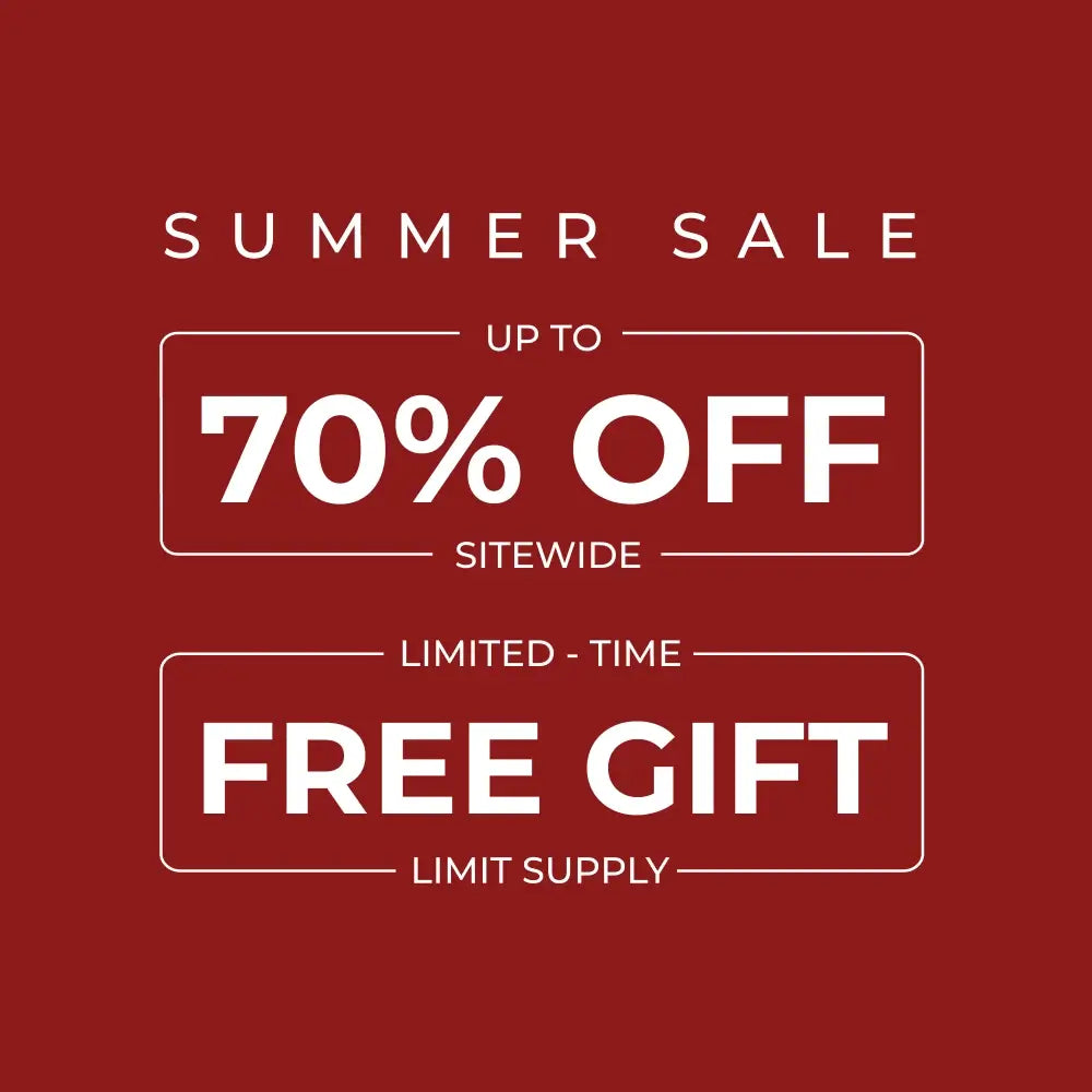 A promotional sale graphic on a dark red background with white text reading 'SUMMER SALE', 'UP TO 70% OFF SITEWIDE', 'LIMITED - TIME', and 'FREE GIFT LIMIT SUPPLY'.