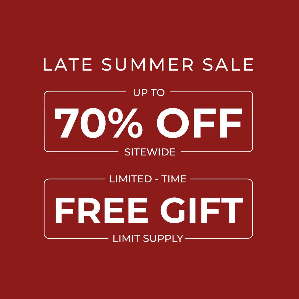 A promotional sale graphic on a dark red background with white text reading 'LATE SUMMER SALE', 'UP TO 70% OFF SITEWIDE', and 'LIMITED-TIME FREE GIFT LIMIT SUPPLY'.