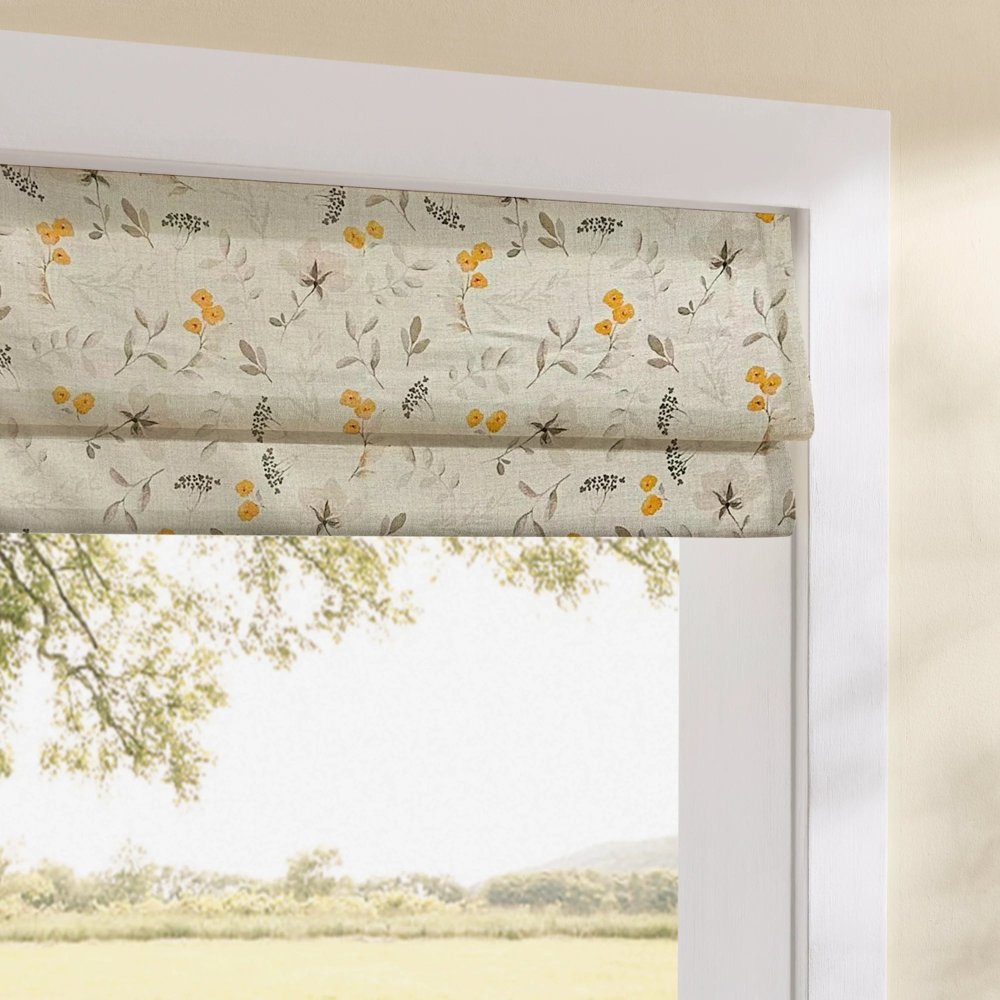Sylviana Yellow Wildflowers Linen Textured  Roman Shades for Large Windows
