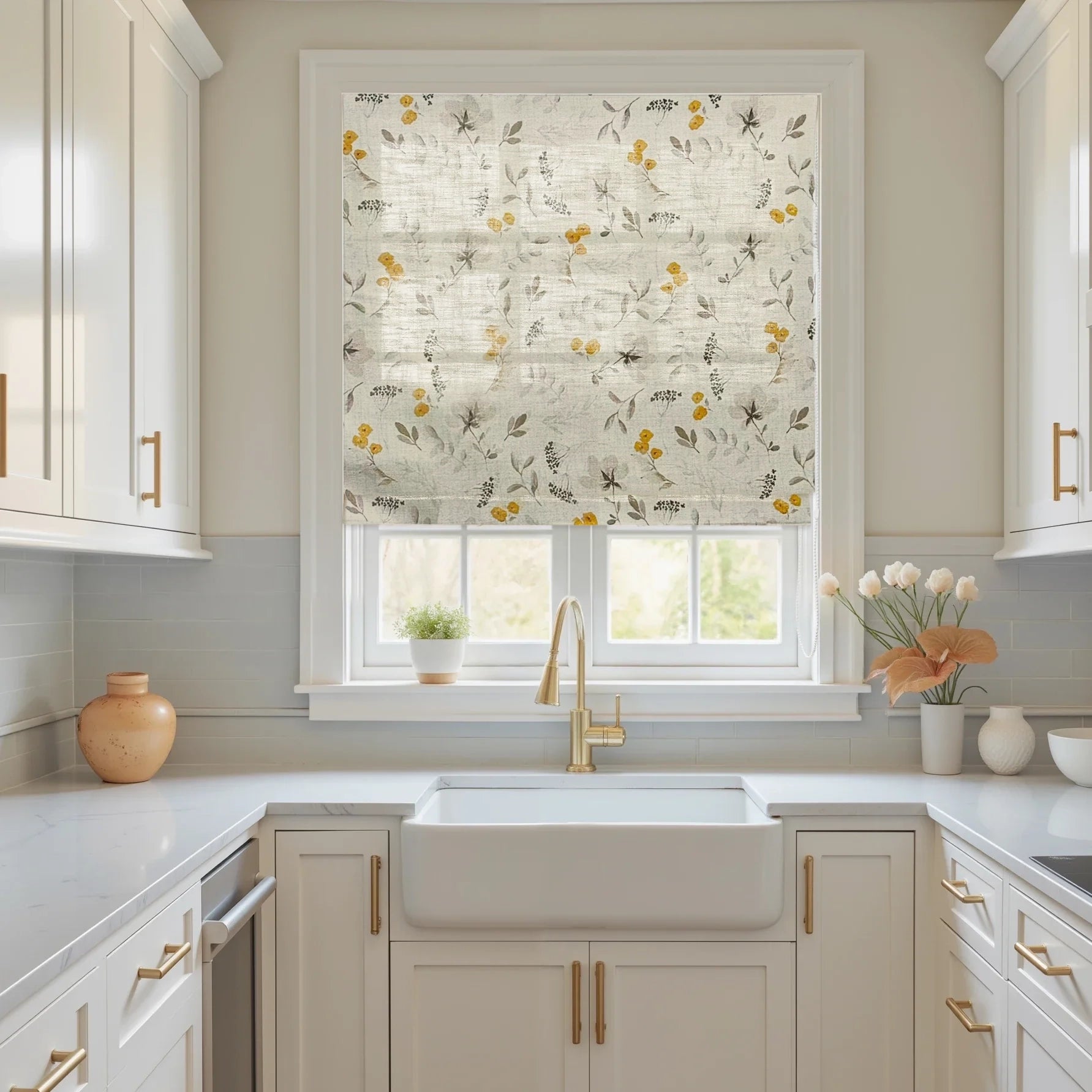 Sylviana Yellow Wildflowers Linen Textured  Roman Shades for Large Windows