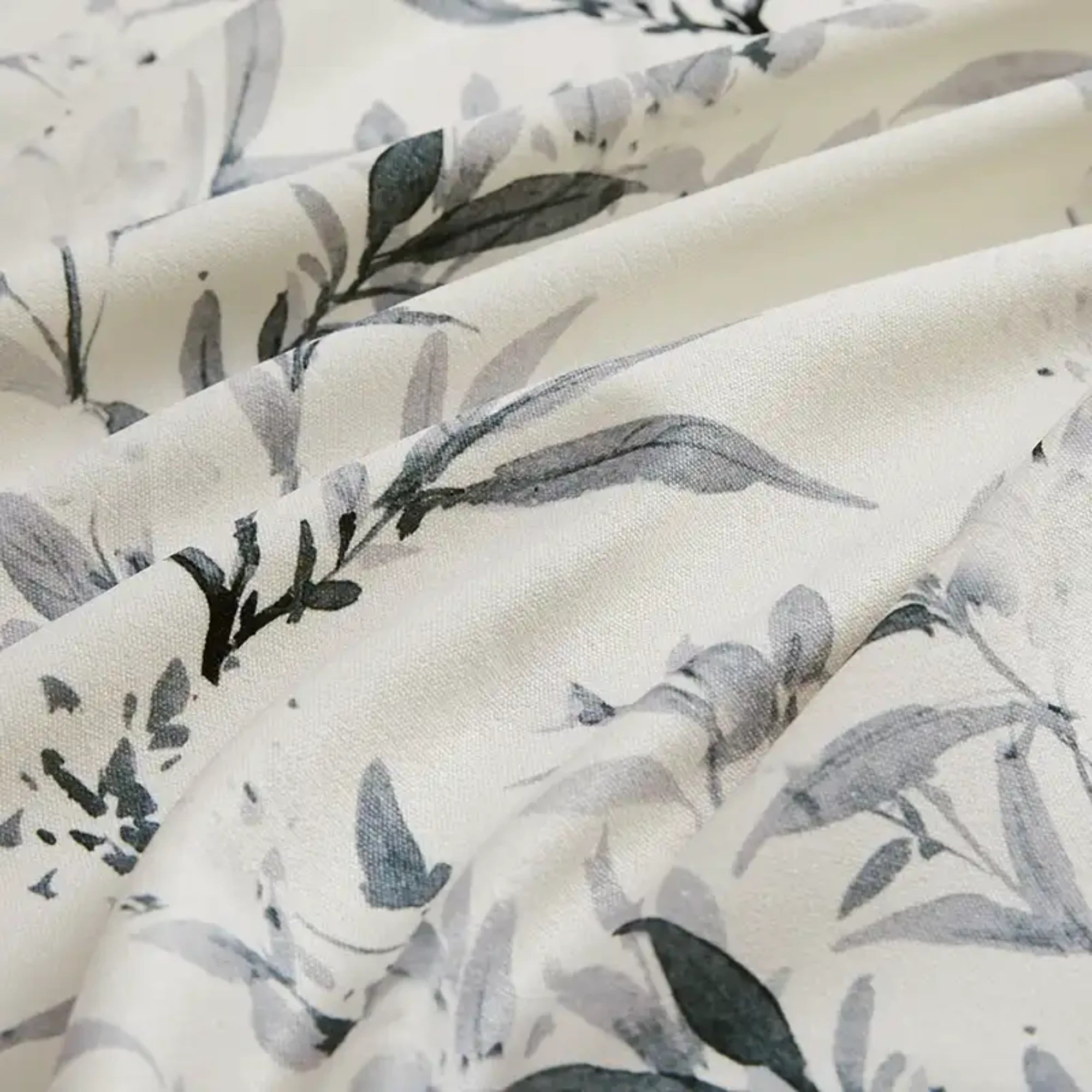 Vera Inked Misty Gray Leaves & Branches Print Linen Roman Shades