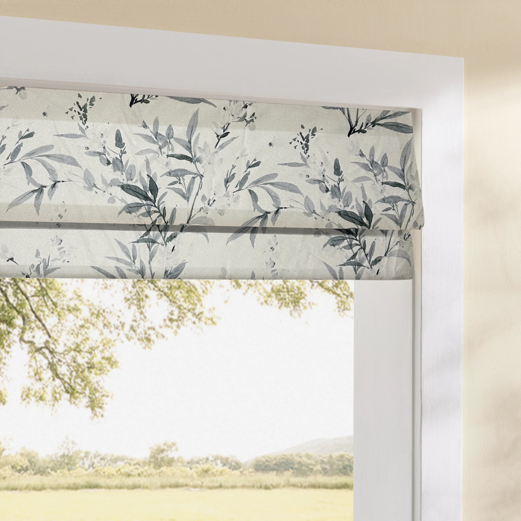 Vera Inked Misty Gray Leaves & Branches Print Linen Roman Shades