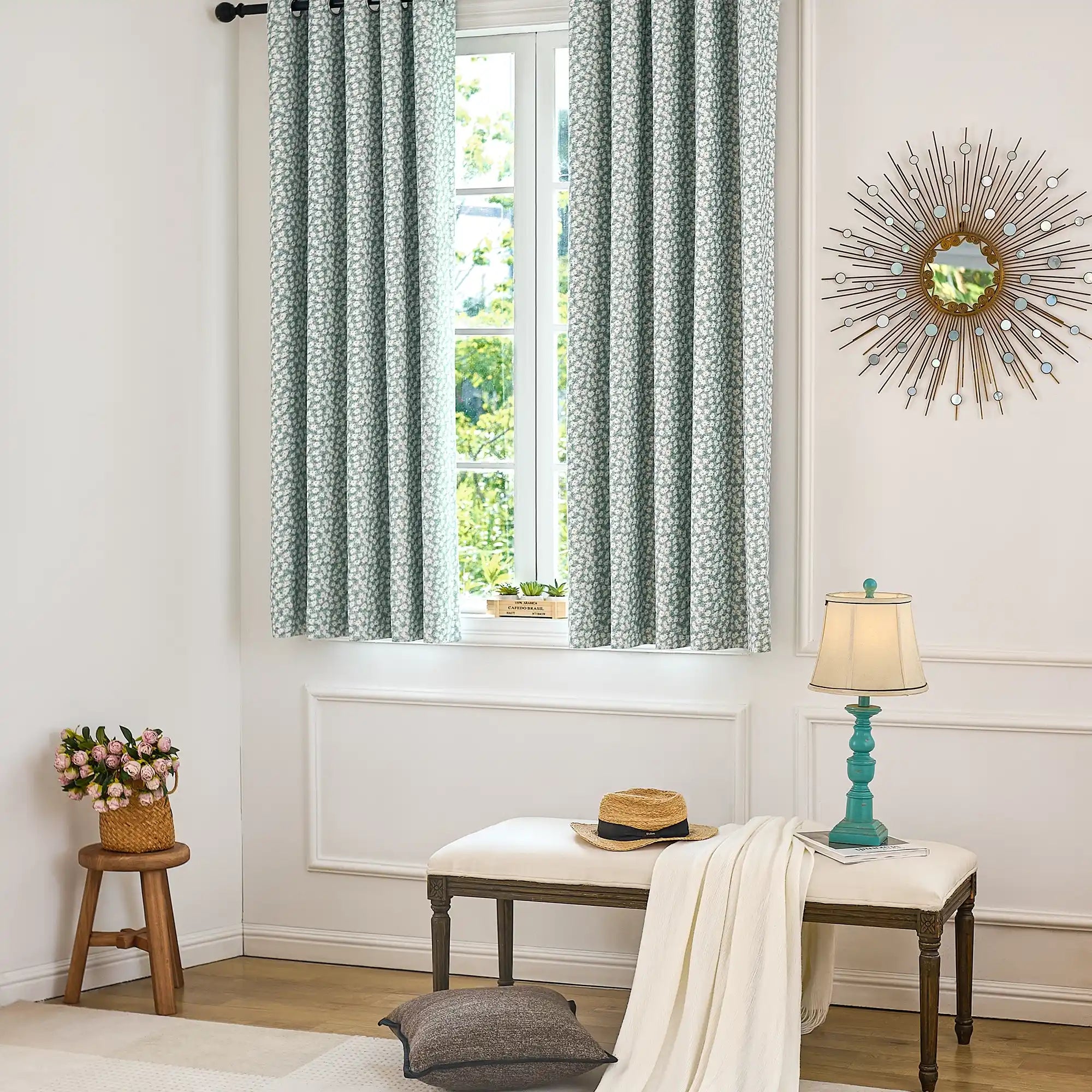 Xanthe Teal Daisy Floral Print Blackout Drapes