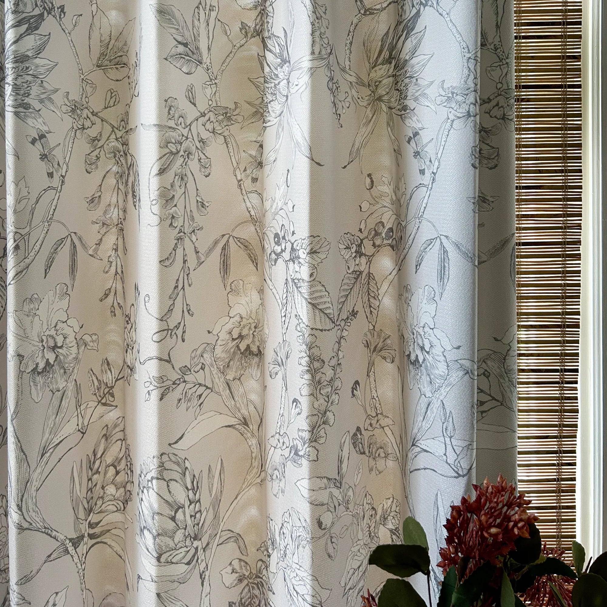 Zoe Cloud Gray Botanical Floral Chenille Drapes