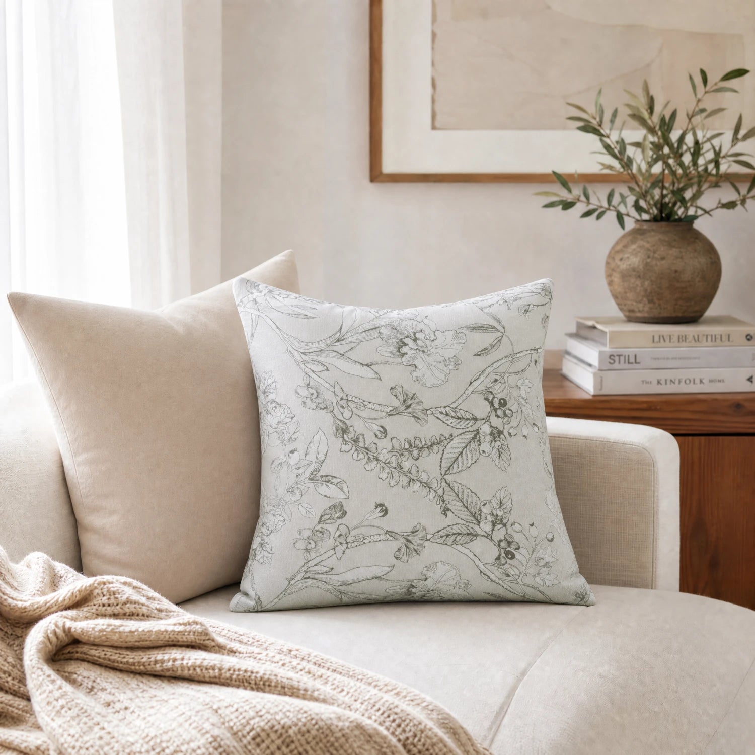 Zoe Cloud Gray Botanical Floral Chenille Pillow Cover