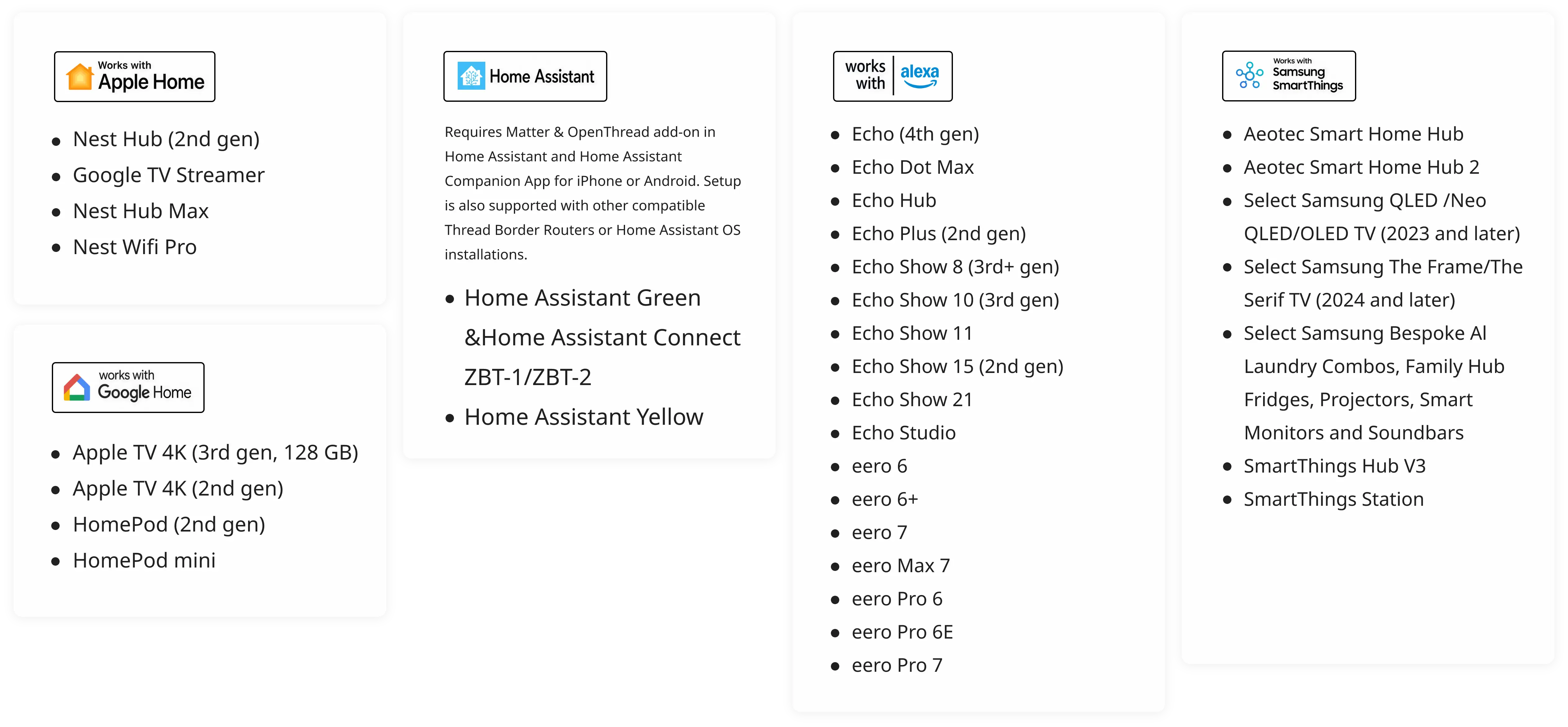 List of compatible devices with Apple Home, SmartThings, Alexa, and Google Home logos.