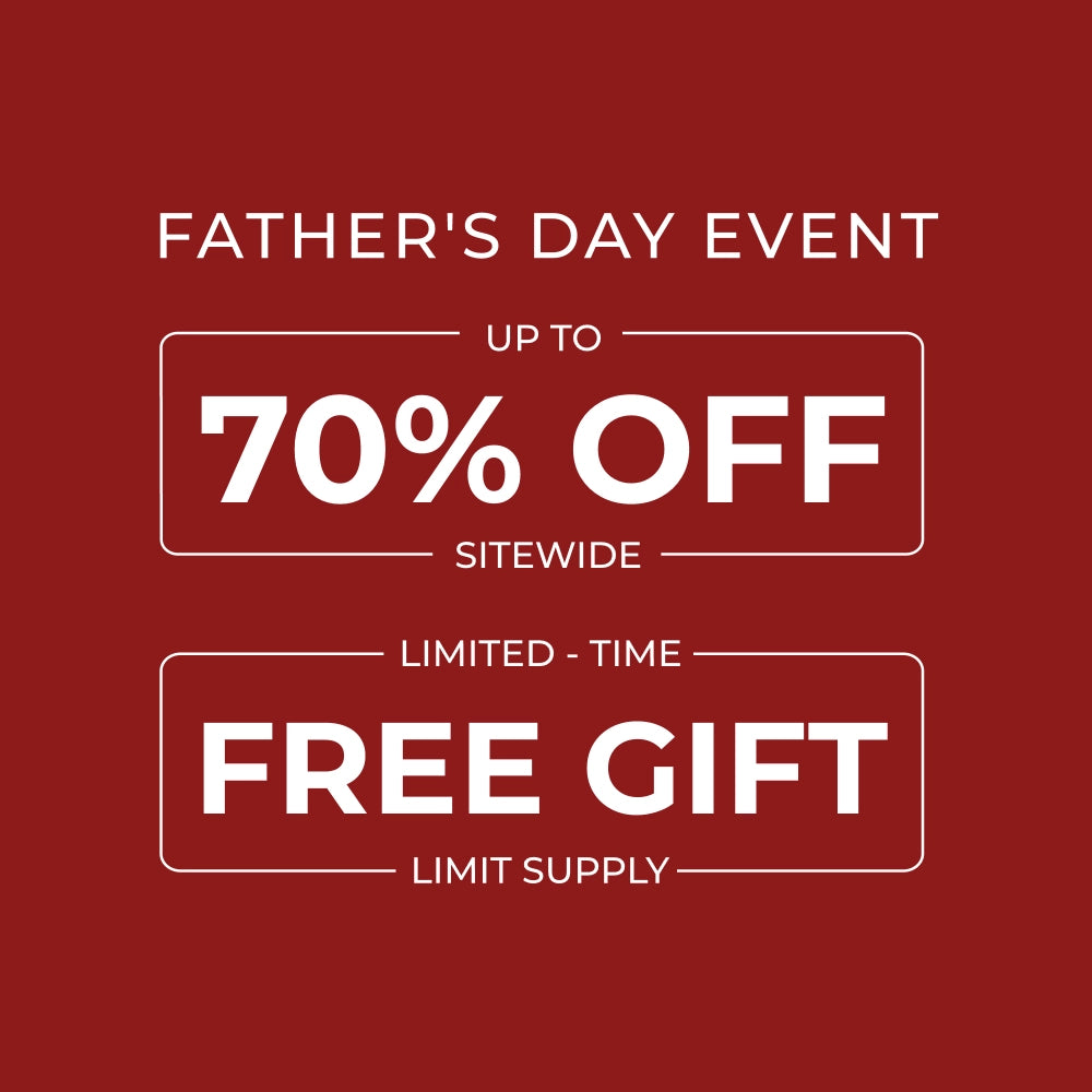 Promotional text for Father's Day event with discounts and a free gift offer on a red background.