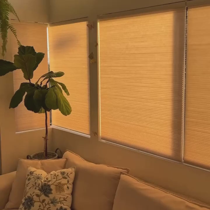 Avenia Linen Beige cordless light filtering cellular shades video, custom fit and smooth operation