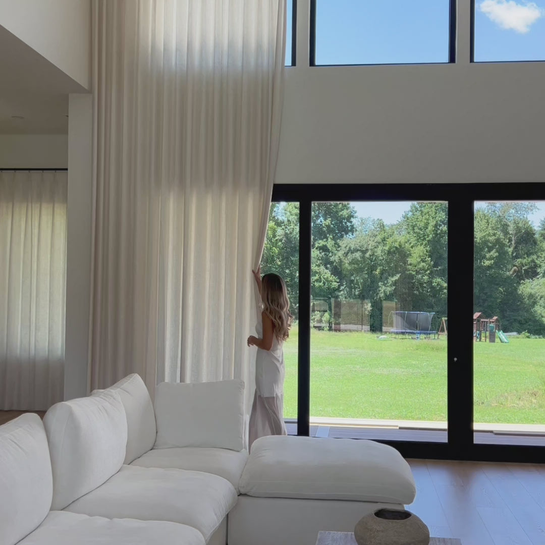 Video: Celina bestselling linen curtains in light beige, showcased in a living room
