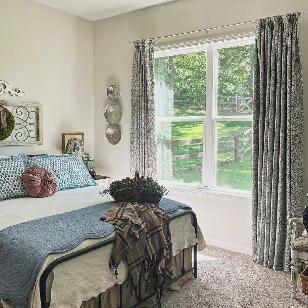 Mae Duck Egg Blue Vintage Botanical Print Linen Drapes