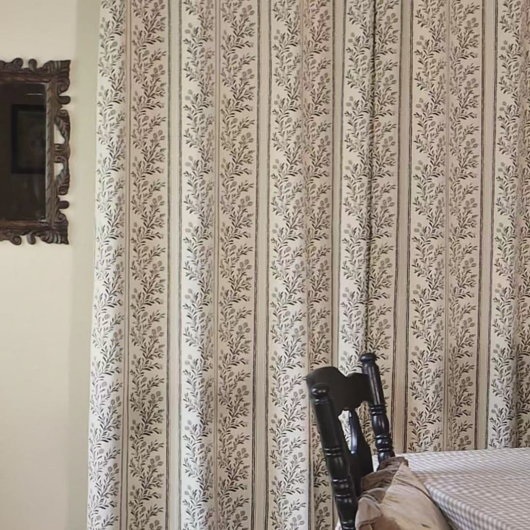 Sariel Beige & Brown Vintage Botanical Stripe Jacquard Chenille Drapes