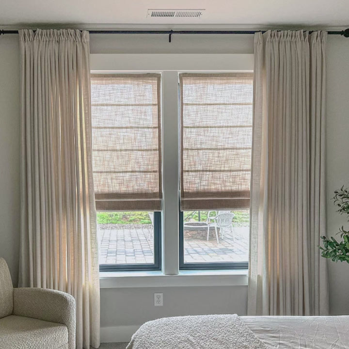 Fiora Cotton Motorized Roman Shades MBH9520 - premium soft cotton fabric, sleek flat fold style, whisper-quiet motorized operation, video showcasing smooth lift & lower function in bright contemporary living room with natural light