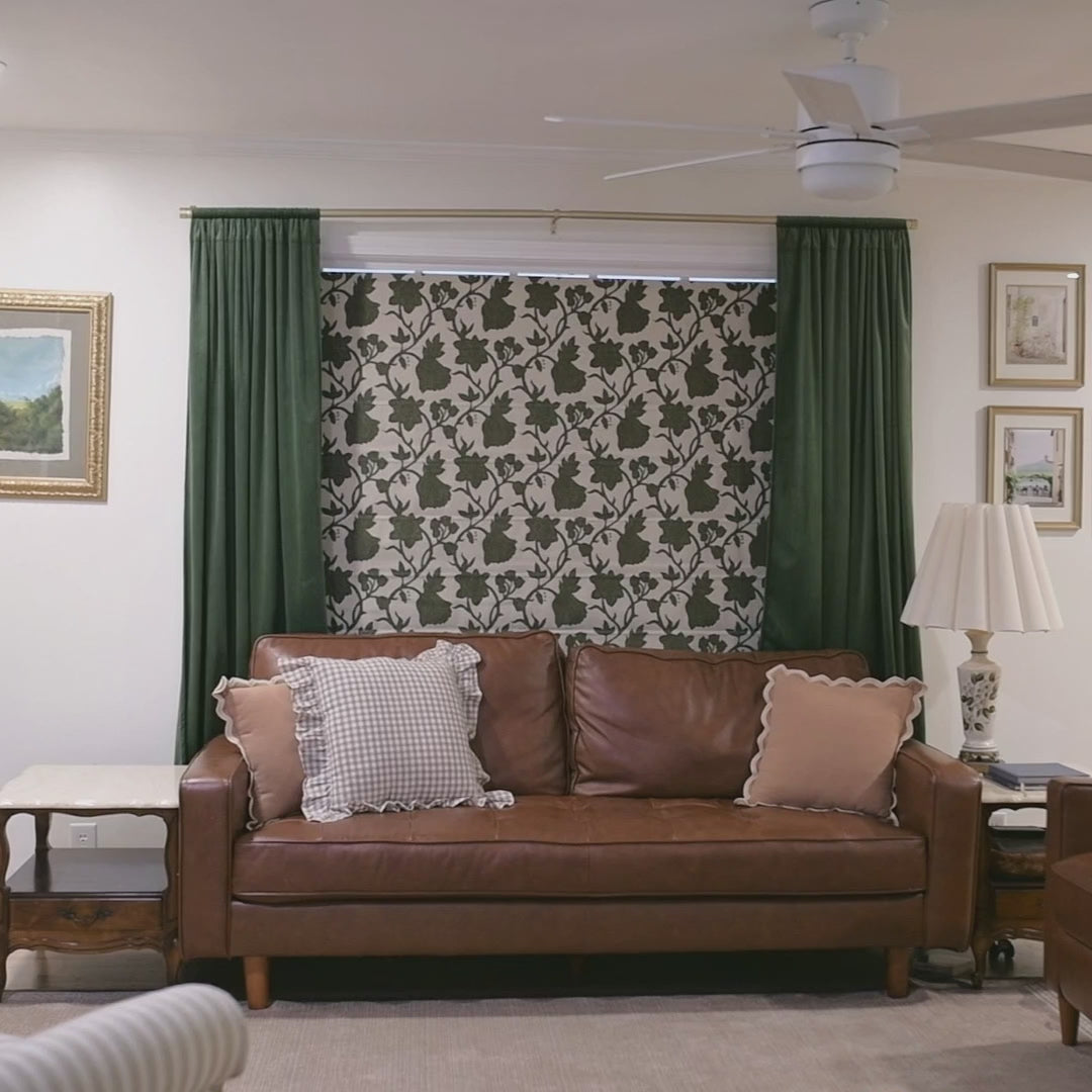 Faelyn Forest Green Botanical Bloom Jacquard Chenille Roman Shades: Video Cheni displays the roman shade with lush botanical jacquard details, plush chenille texture and graceful folding effect.