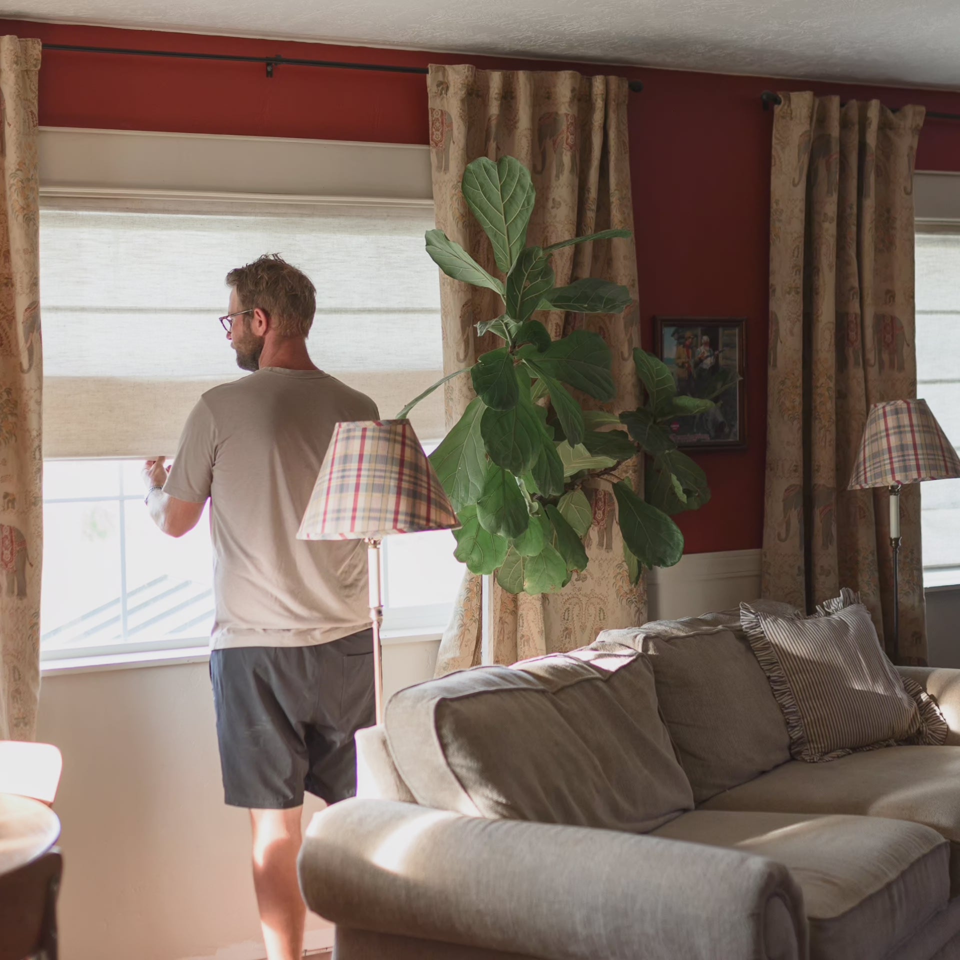 Celina Light Beige Linen Curtains Roman Shade: Video_2 showcases smooth cordless operation, elegant tailored folds, natural linen texture, and sophisticated light filtering—demonstrating full raise/lower motion, soft diffused daylight glow, and refined beige fabric in a bright modern interior