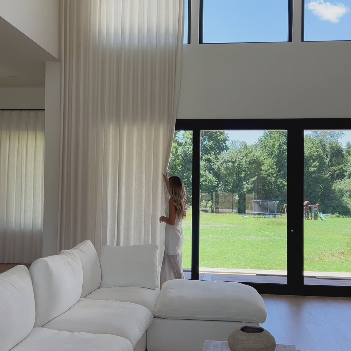 Celina extra wide linen curtains for large windows Video-1(New) showcasing elegant linen drapes in spacious modern interiors video