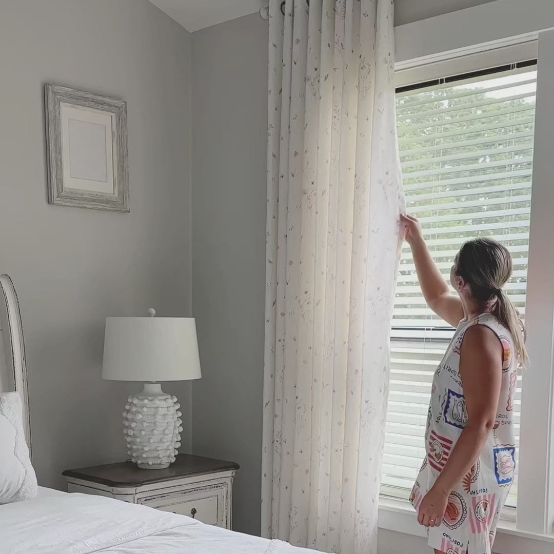 Adelise Butterfly Meadow Mist Beige Linen Textured Floral Sheer Curtains