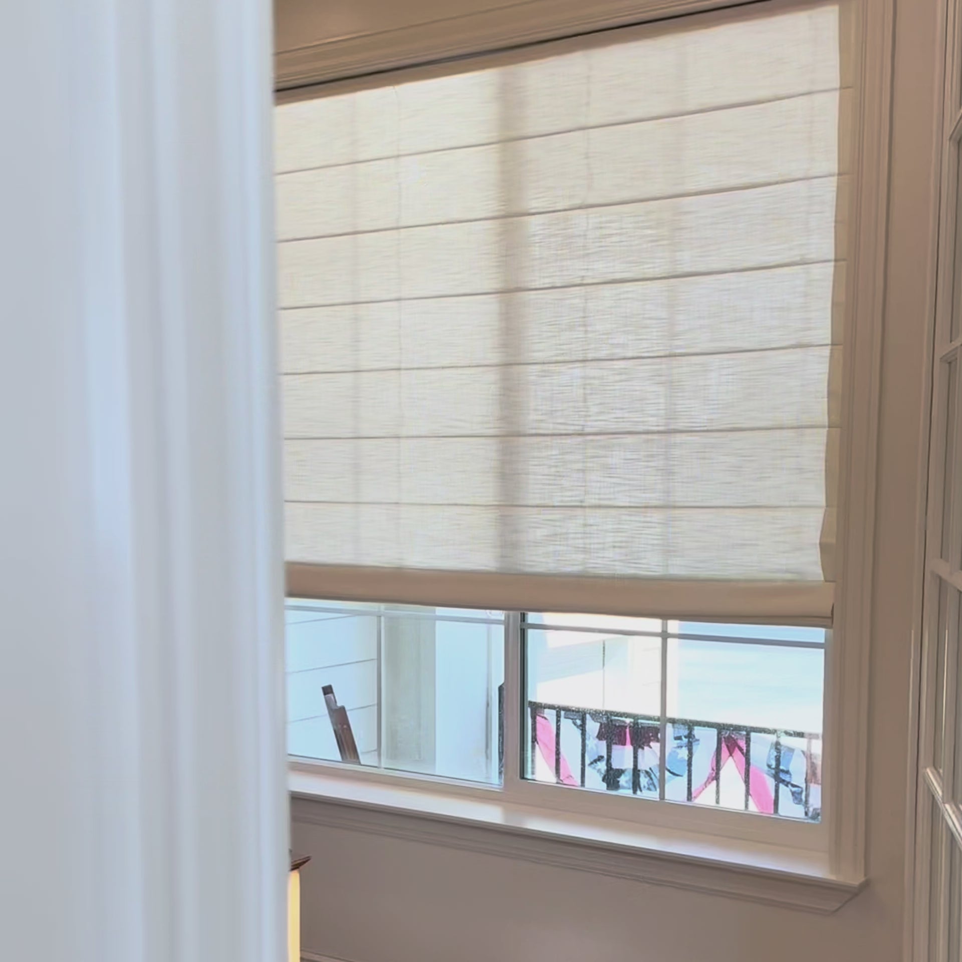 Freshine Celina Linen Curtains: Video_2 shows the roman shade with elegant pleats, soft linen texture, smooth lifting, and gentle light filtering.